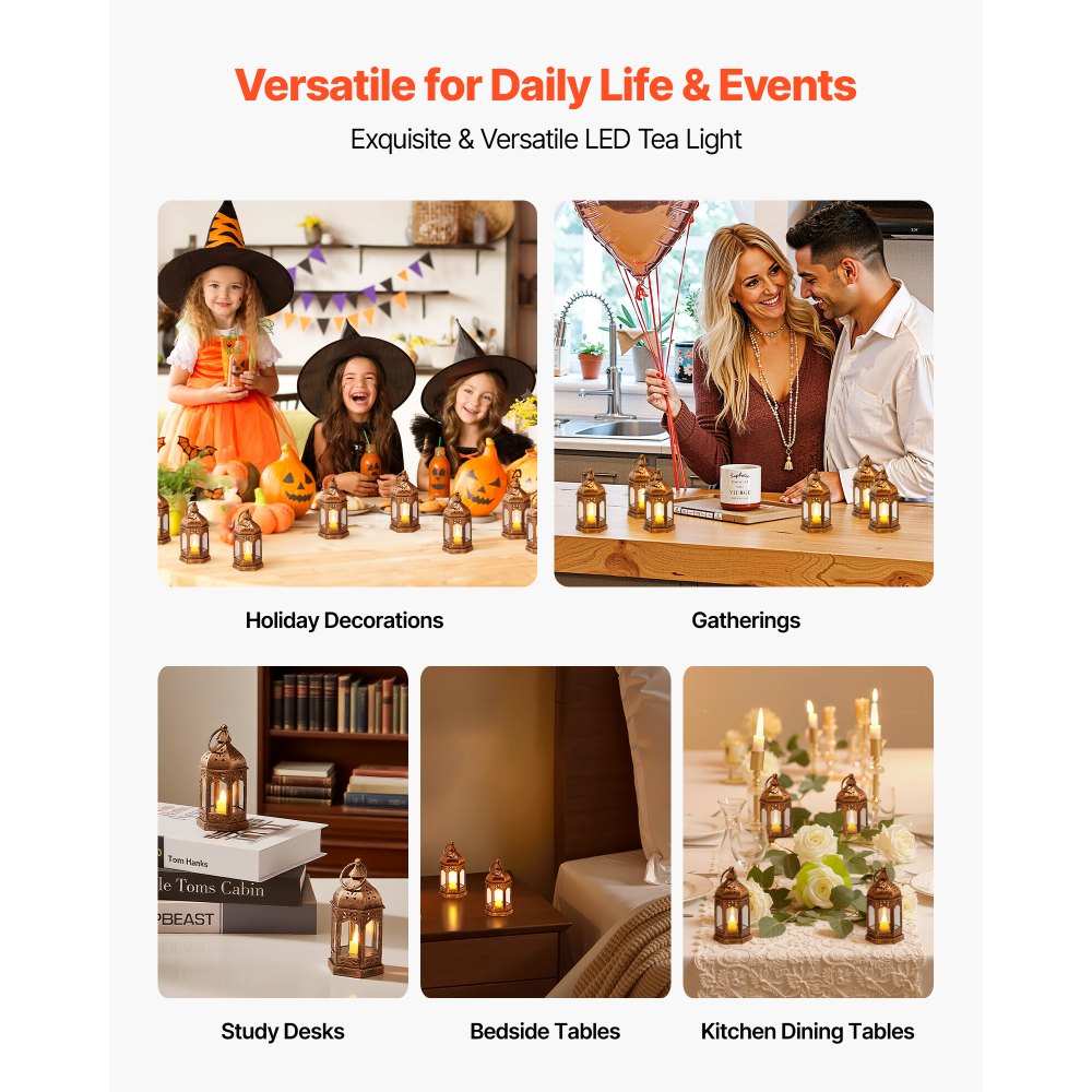 VEVOR Faroles Decorativos para Velas, Velas LED Eléctricas sin Llama, Soporte de Plástico con Cristal, en la Pared, para Porches, Mesas de Boda, Fiestas, Color Bronce, 65 x 65 x 128 mm, 12 uds