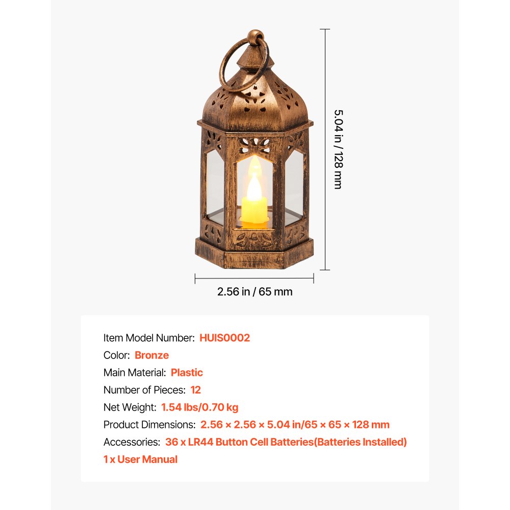VEVOR Faroles Decorativos para Velas, Velas LED Eléctricas sin Llama, Soporte de Plástico con Cristal, en la Pared, para Porches, Mesas de Boda, Fiestas, Color Bronce, 65 x 65 x 128 mm, 12 uds