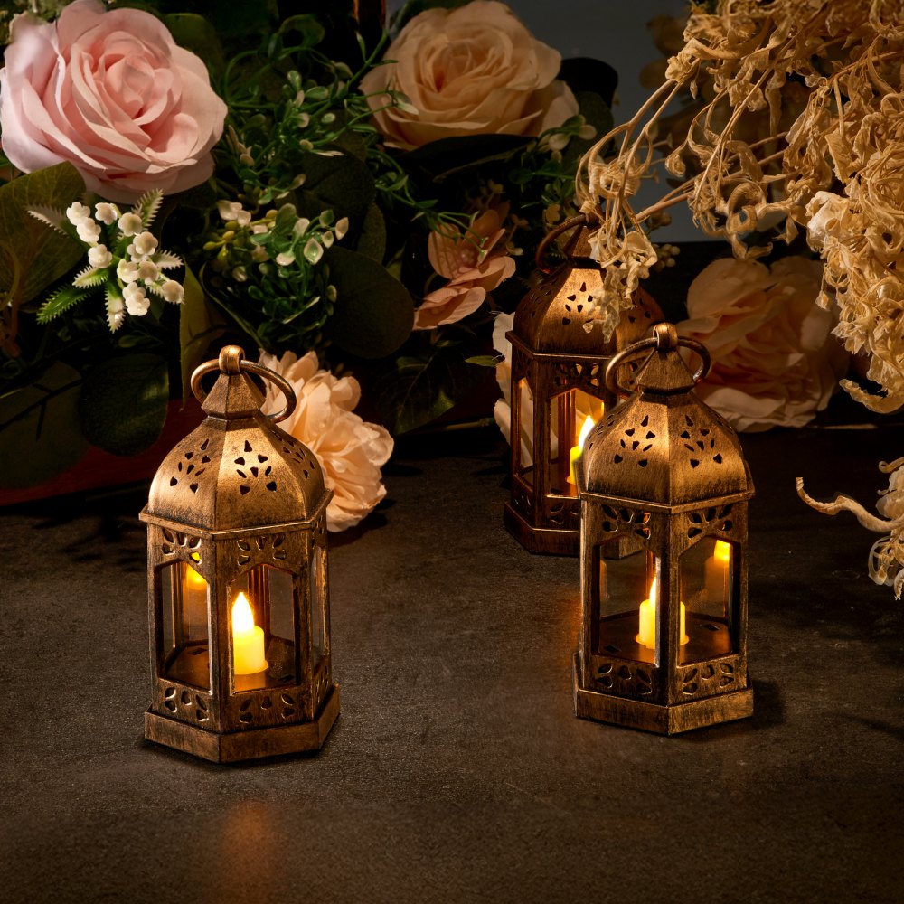 VEVOR Faroles Decorativos para Velas, Velas LED Eléctricas sin Llama, Soporte de Plástico con Cristal, en la Pared, para Porches, Mesas de Boda, Fiestas, Color Bronce, 65 x 65 x 128 mm, 12 uds