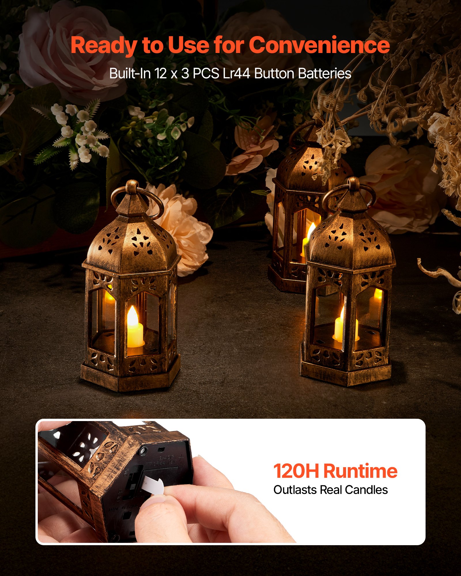 VEVOR Faroles Decorativos para Velas, Velas LED Eléctricas sin Llama, Soporte de Plástico con Cristal, en la Pared, para Porches, Mesas de Boda, Fiestas, Color Bronce, 65 x 65 x 128 mm, 12 uds