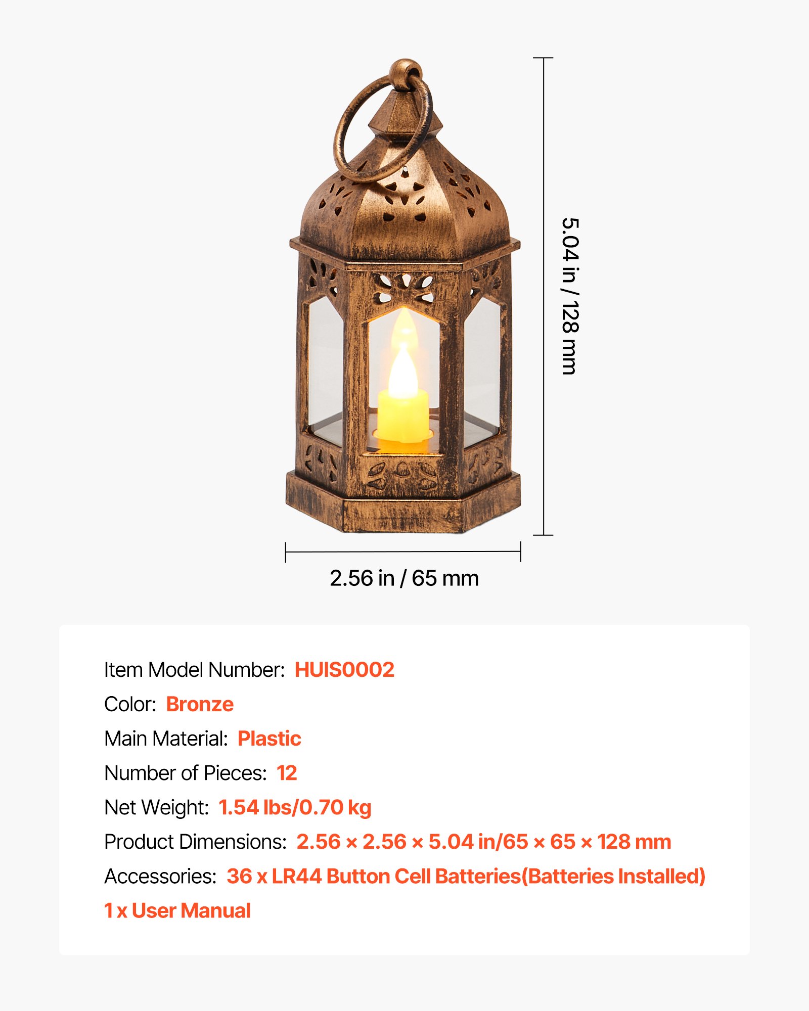 VEVOR Faroles Decorativos para Velas, Velas LED Eléctricas sin Llama, Soporte de Plástico con Cristal, en la Pared, para Porches, Mesas de Boda, Fiestas, Color Bronce, 65 x 65 x 128 mm, 12 uds