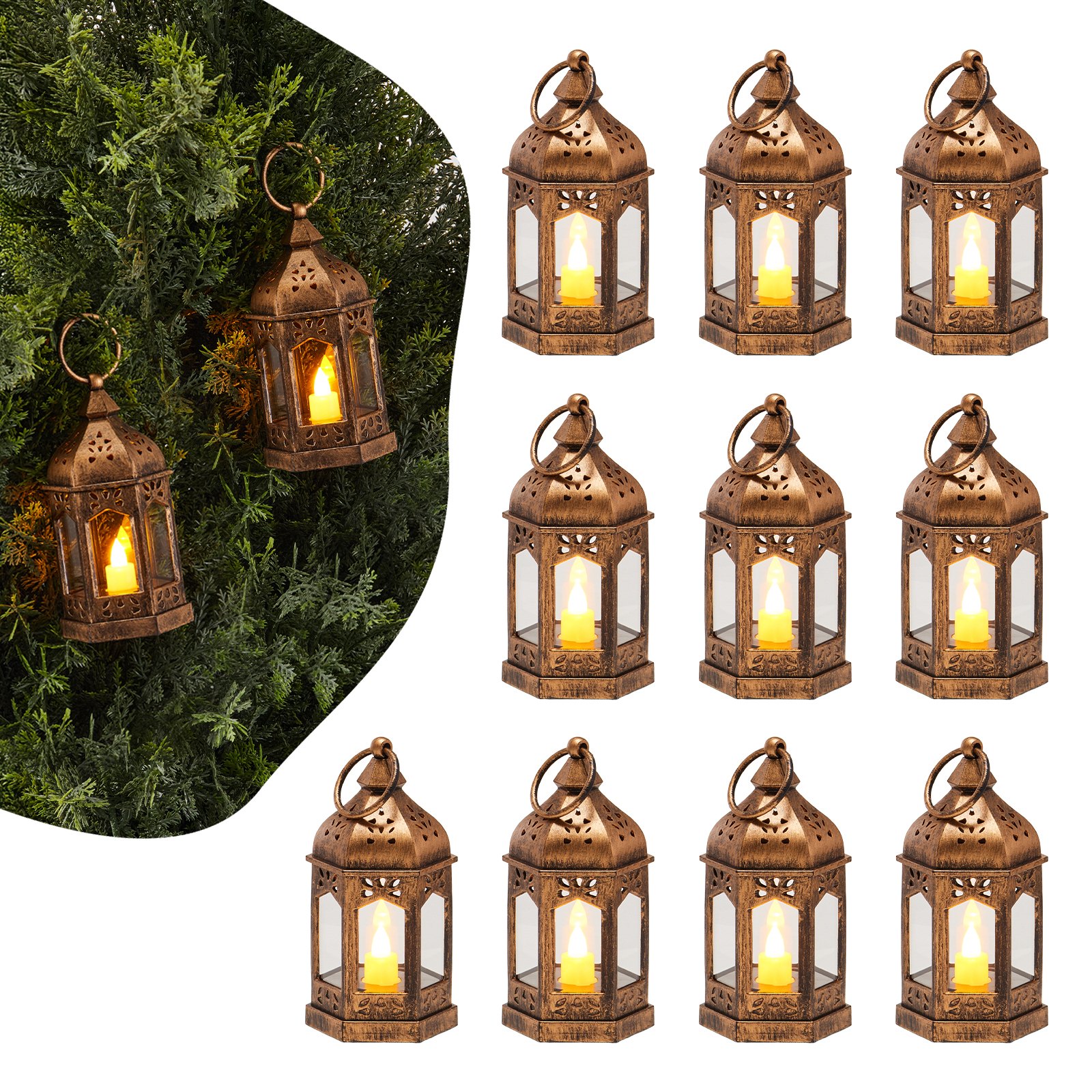 VEVOR Faroles Decorativos para Velas, Velas LED Eléctricas sin Llama, Soporte de Plástico con Cristal, en la Pared, para Porches, Mesas de Boda, Fiestas, Color Bronce, 65 x 65 x 128 mm, 12 uds