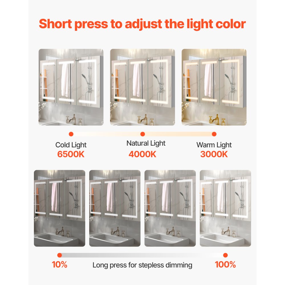VEVOR Lighted Medicine Cabinet with Mirror, 100 x 60 cm Wall-Mounted, 3 Color Dimmable LED Bathroom Medicine Cabinet with Tempered Glass Mirror, Memory Function/2 Adjustable Shelves/ Outlets & USBs