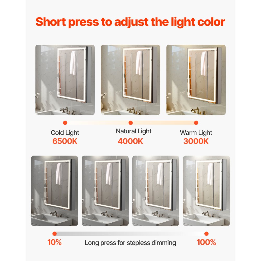 VEVOR Armario de Baño con Espejo de 2 Caras 50 x 12,5 x 70 cm para Empotrar o Montar en Pared Gabinete de Espejo de Iluminación LED Regulable en 3 Colores, Función Antivaho, Estantes Ajustables