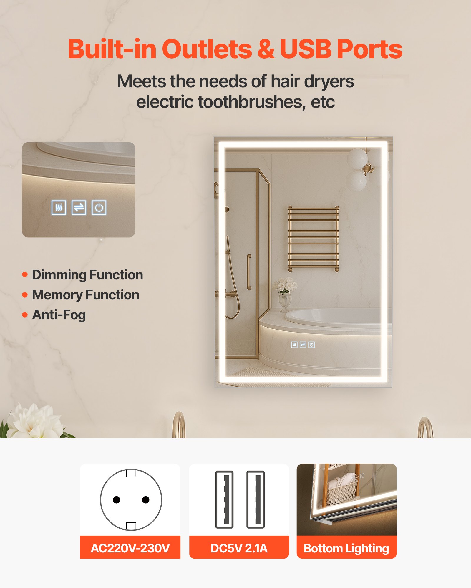 VEVOR Armario de Baño con Espejo de 2 Caras 50 x 12,5 x 70 cm para Empotrar o Montar en Pared Gabinete de Espejo de Iluminación LED Regulable en 3 Colores, Función Antivaho, Estantes Ajustables