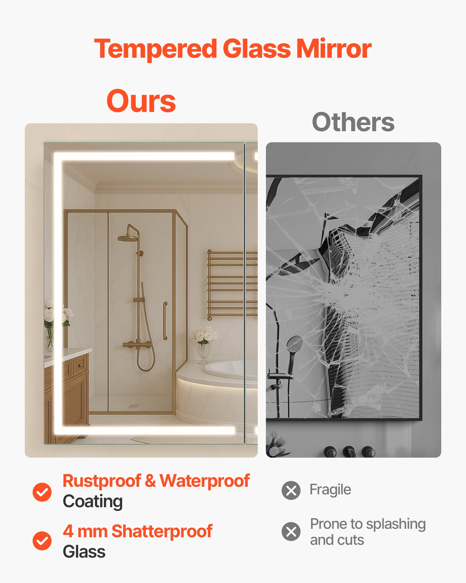 VEVOR Armario de Baño con Espejo y Luz 60 x 13 x 80 cm Montaje en Pared con LED Regulable en 3 Colores, Espejo de Cristal Templado, Función de Memoria, Estantes Ajustables, con Enchufes y USB