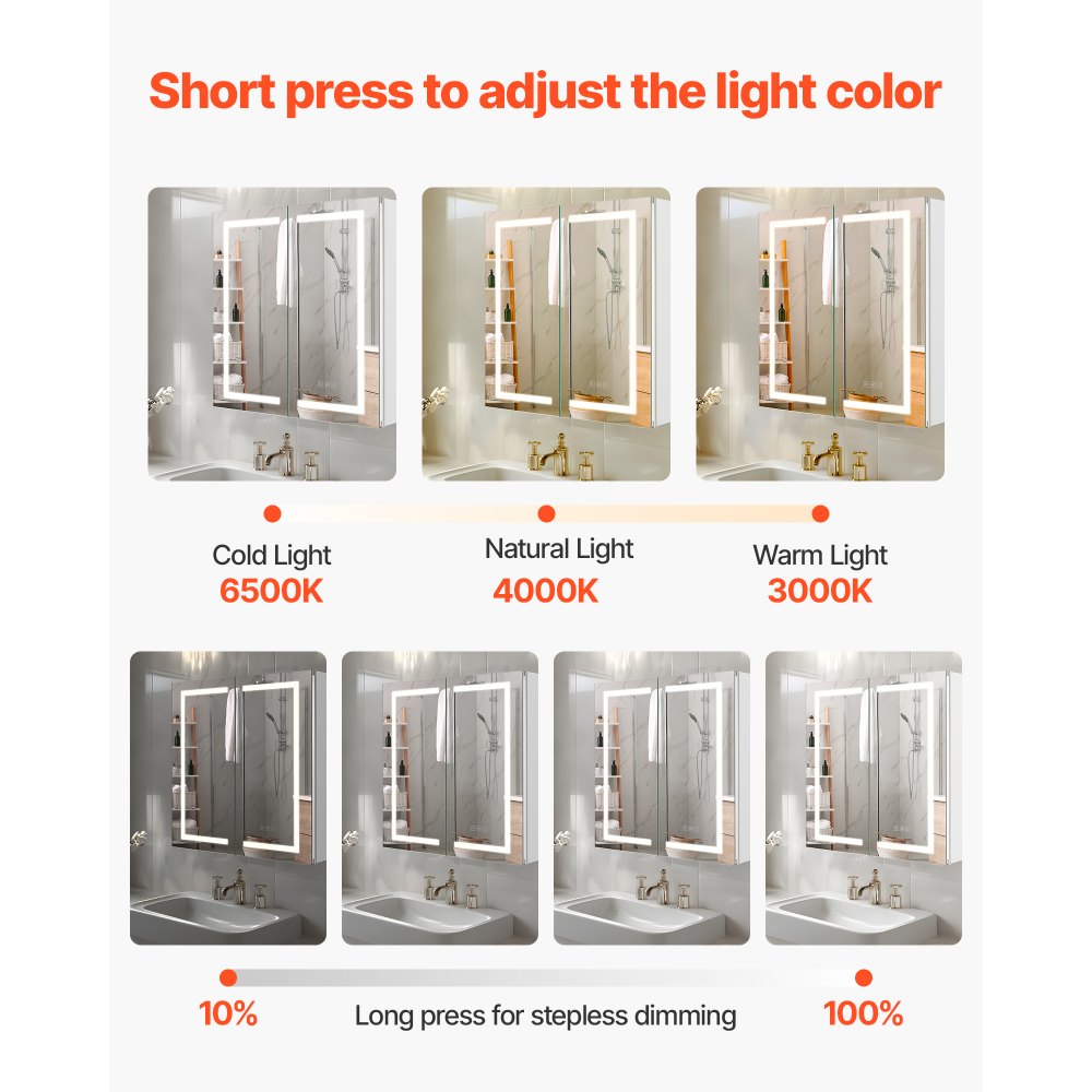 VEVOR Armario de Baño con Espejo y Luz 65 x 65 cm para Empotrar o Montar en Pared Gabinete de Espejo de Iluminación LED Regulable en 3 Colores Función Antivaho Estantes Ajustables Cierre Silencioso