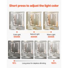VEVOR Armario de Baño con Espejo y LED 3 Colores 65 x 65 cm Montaje en Pared