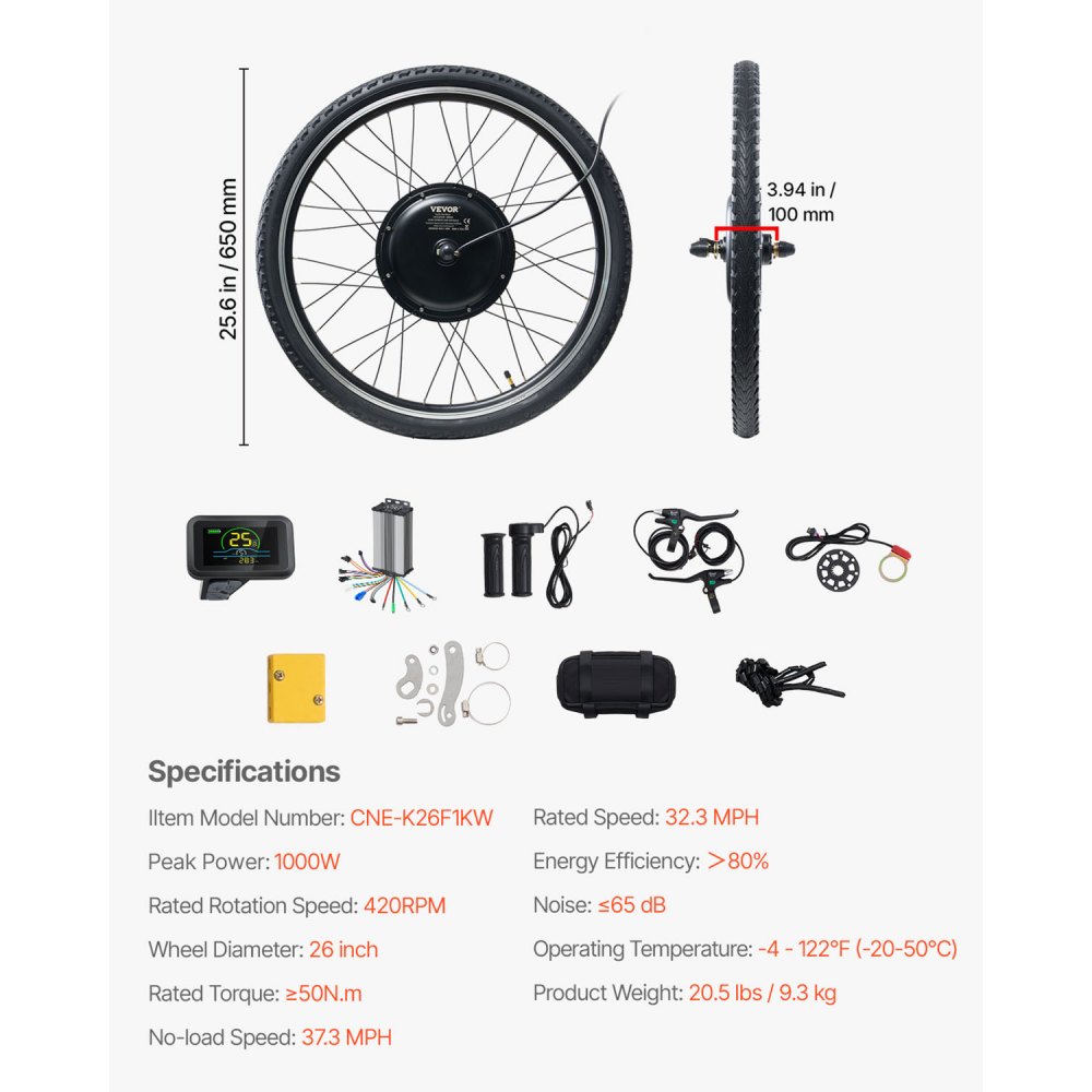 VEVOR Kit de Conversión de Bicicleta Eléctrica 1000 W, Kit de Motor de Cubo de Bicicleta Eléctrica de Rueda Delantera de 48 V con Controlador de Velocidad Mejorado, 420 RPM, 650 x 650 x 190 mm