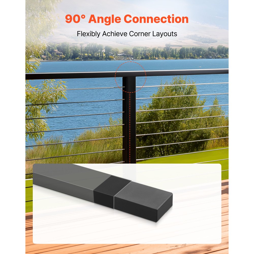 VEVOR 2 Pack Handrail Connectors, Flat Extension Stair Railing Accessories, POM Hand Rail Connector Fittings for Rectangular Cable Railing, Deck Cable Rail System Outdoor, Matte Black, HT-04