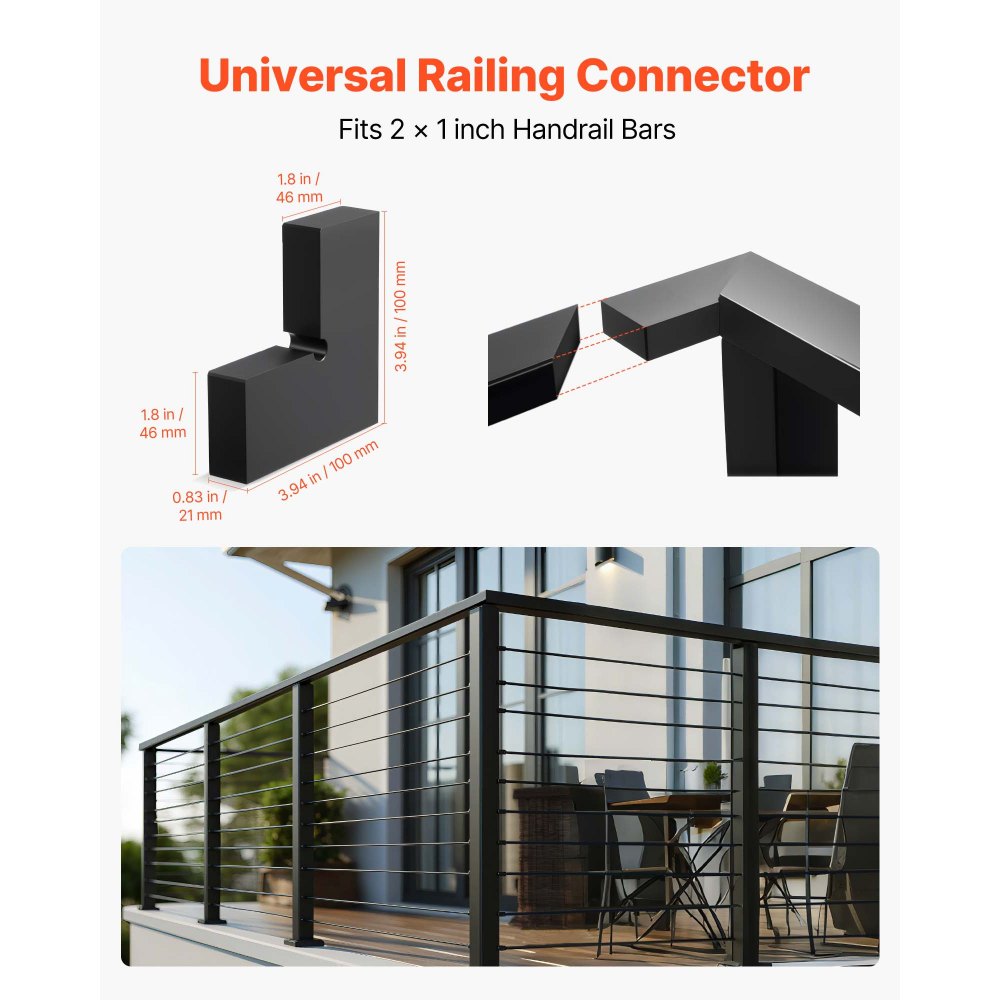 VEVOR Conectores de Esquina de Barandilla 2 Piezas, Accesorios para Conexión de Pasamanos de Balcón, Conectores de Forma L para Barandillas de Cable Rectangulares, para Terrazas, Porches, Negro