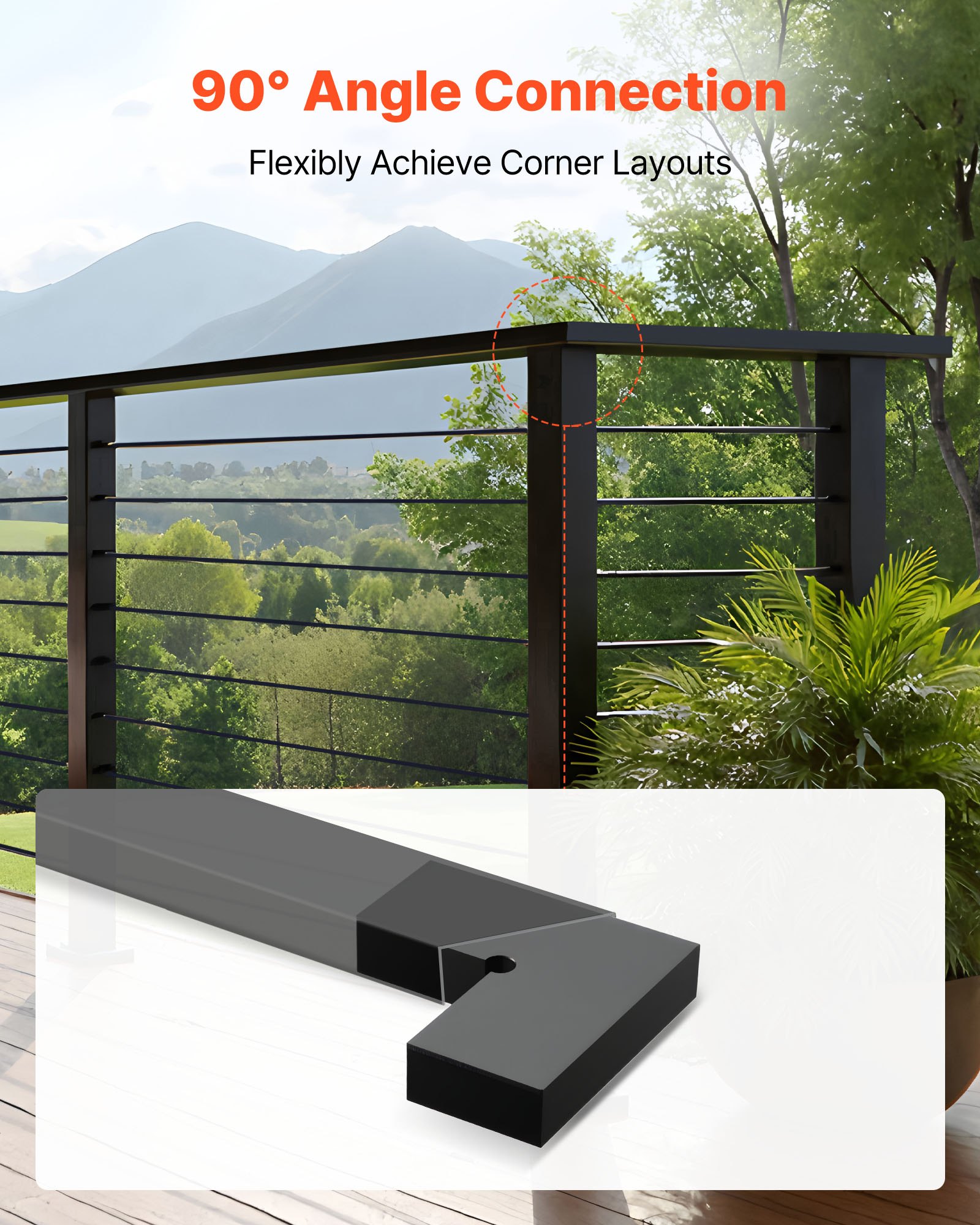 VEVOR Conectores de Esquina de Barandilla 2 Piezas, Accesorios para Conexión de Pasamanos de Balcón, Conectores de Forma L para Barandillas de Cable Rectangulares, para Terrazas, Porches, Negro