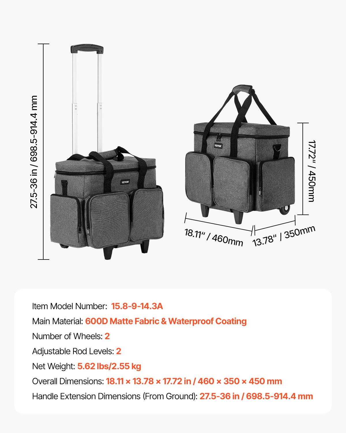 VEVOR Bolso con Ruedas y Asa para Ordenador Portátil de 15,6 Pulgadas (39,6 cm), Gris
