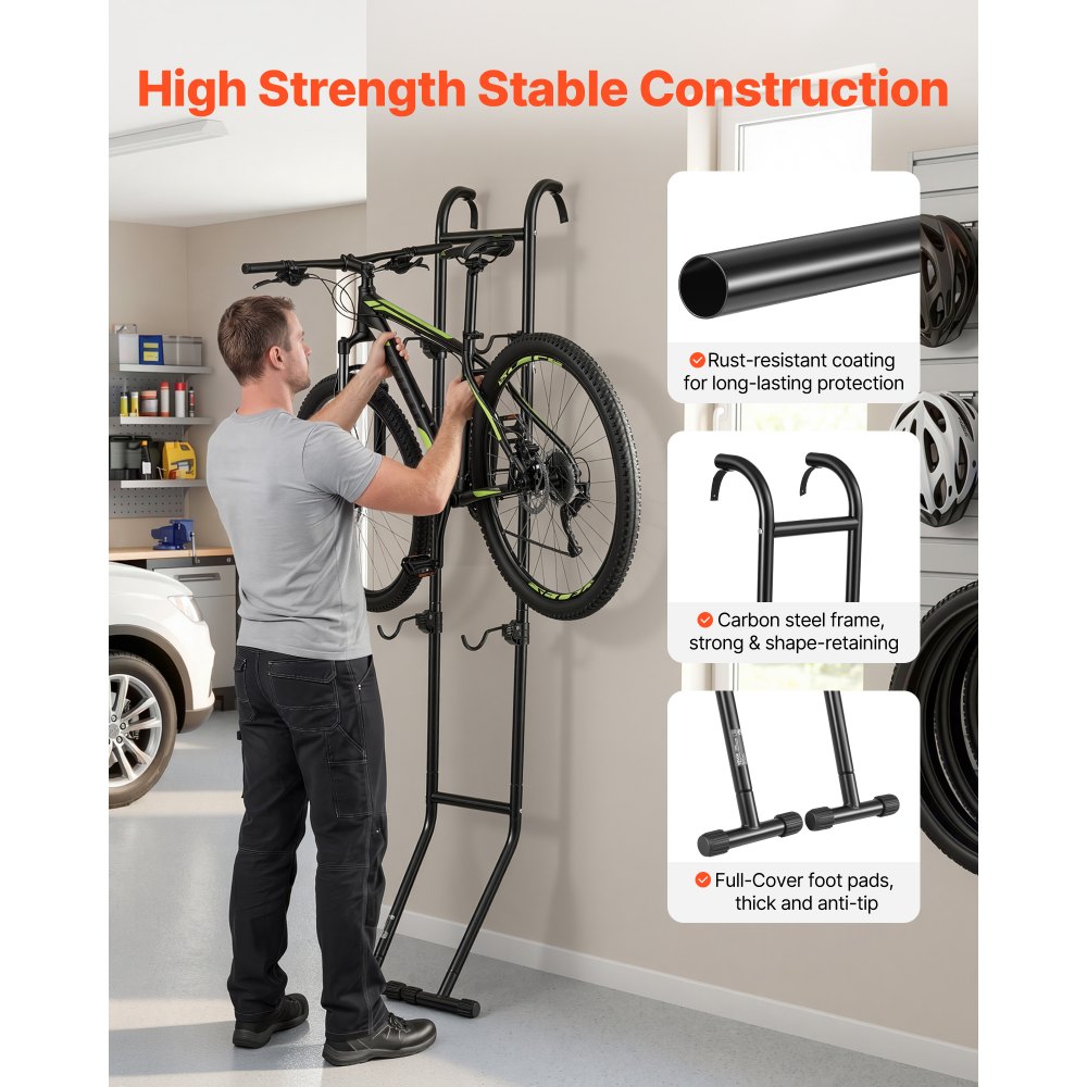 VEVOR Soporte para 2 Bicicletas Independiente Vertical, Portabicicletas de Acero al Carbono para Almacenamiento de Bicicletas con Ganchos Ajustables para Garajes Salas de Estar Apartamentos Balcones