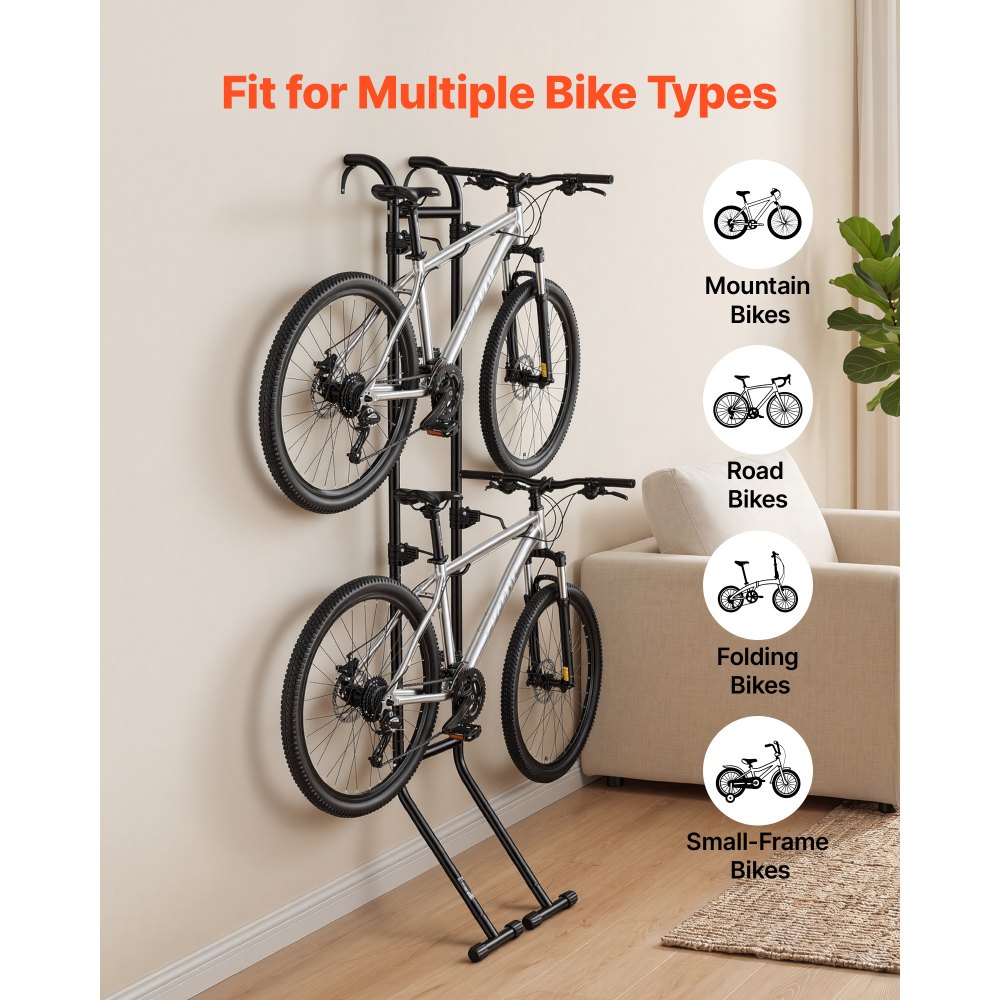 VEVOR Soporte para 2 Bicicletas Independiente Vertical, Portabicicletas de Acero al Carbono para Almacenamiento de Bicicletas con Ganchos Ajustables para Garajes Salas de Estar Apartamentos Balcones