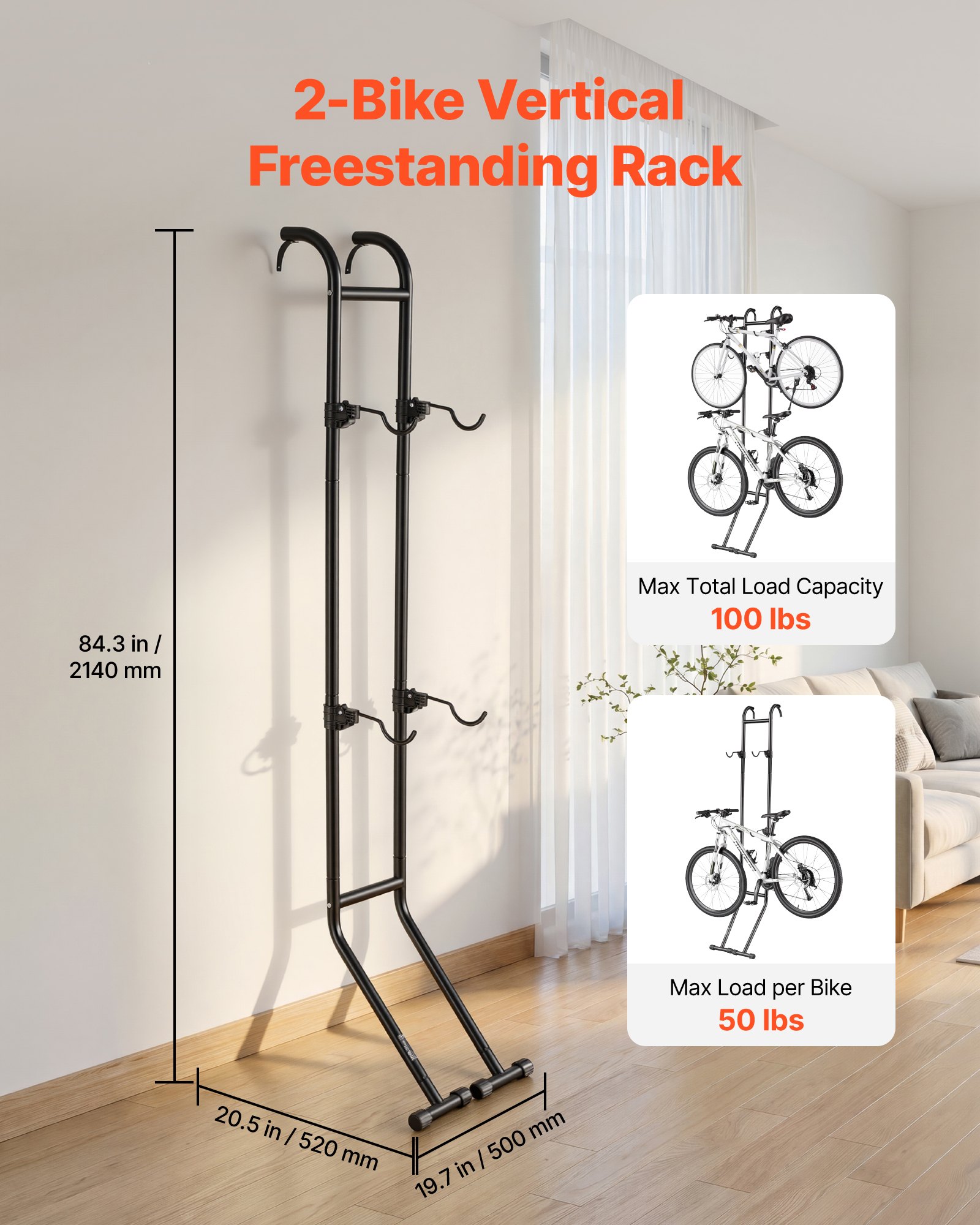 VEVOR Soporte para 2 Bicicletas Independiente Vertical, Portabicicletas de Acero al Carbono para Almacenamiento de Bicicletas con Ganchos Ajustables para Garajes Salas de Estar Apartamentos Balcones