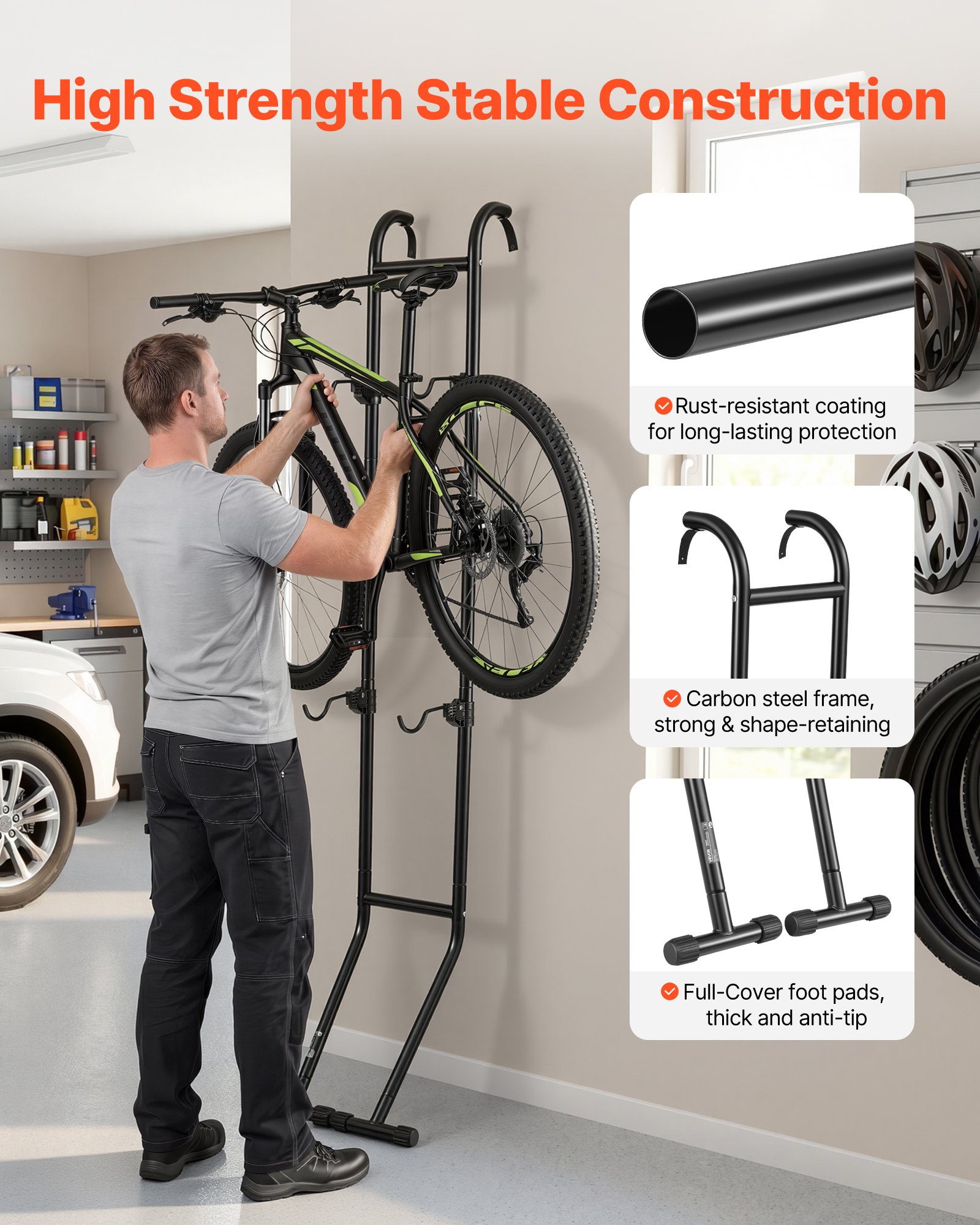 VEVOR Soporte para 2 Bicicletas Independiente Vertical, Portabicicletas de Acero al Carbono para Almacenamiento de Bicicletas con Ganchos Ajustables para Garajes Salas de Estar Apartamentos Balcones