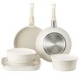 VEVOR Induction Pots and Pans Set (17-piece) with Glass Lids, Non-Stick Cookware with Removable Handle, Induction Cookware for Frying, Seasoning Sauces and Cooking (White)