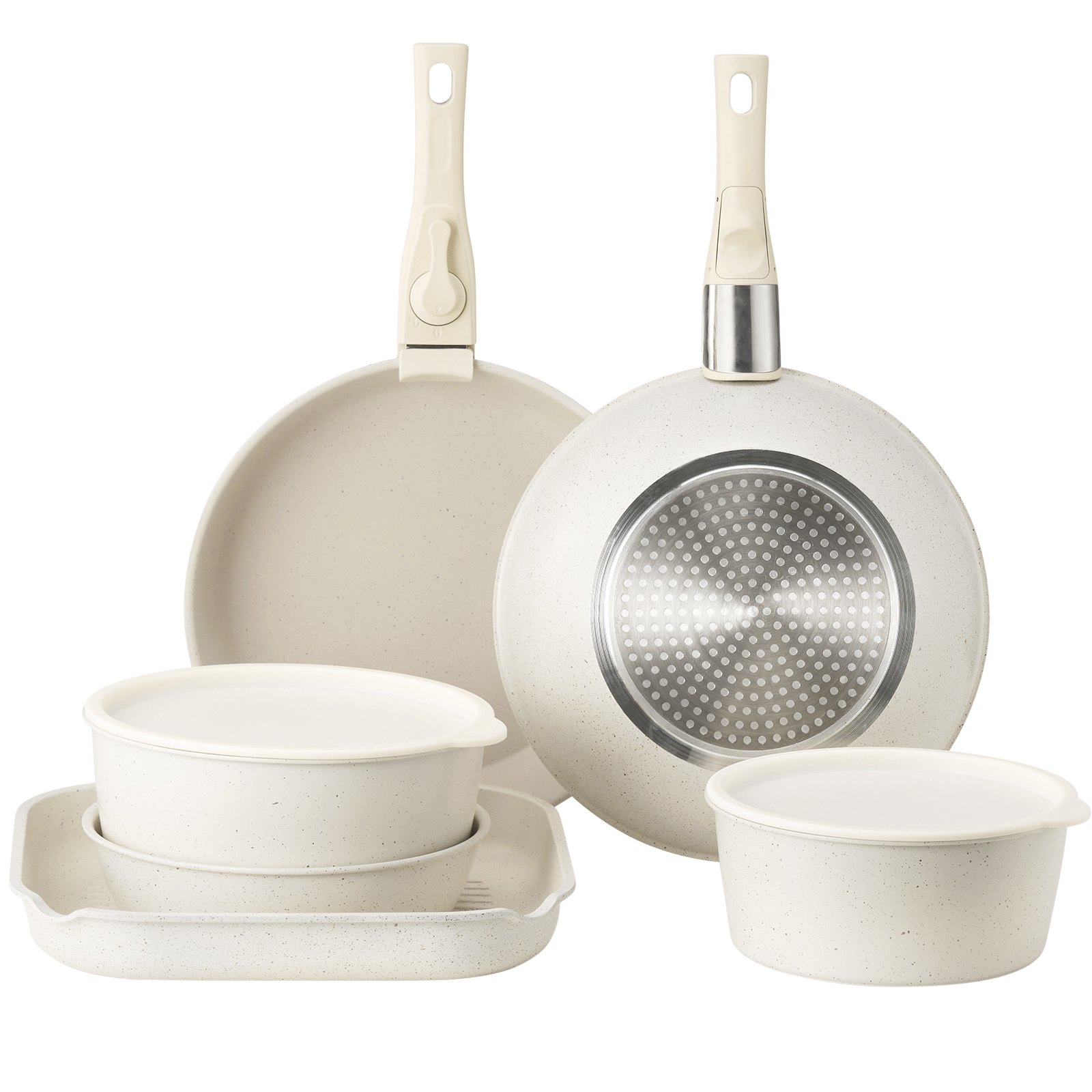 VEVOR Induction Pots and Pans Set (17-piece) with Glass Lids, Non-Stick Cookware with Removable Handle, Induction Cookware for Frying, Seasoning Sauces and Cooking (White)