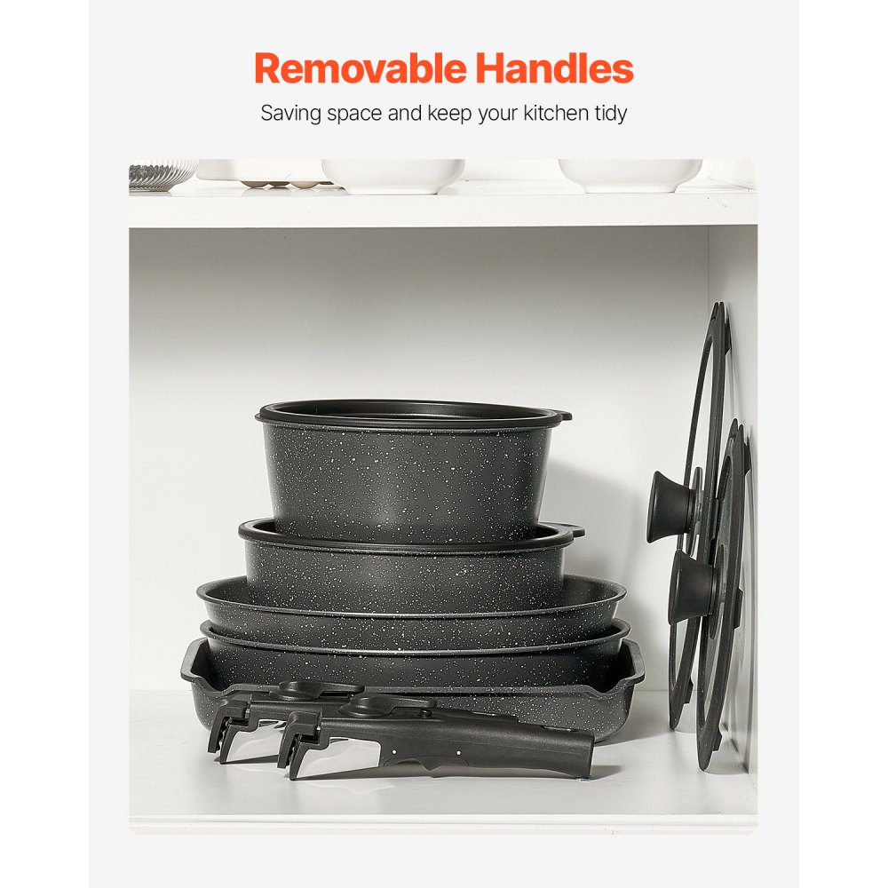 VEVOR Induction Pots and Pans Set (17-piece) with Glass Lids, Non-Stick Cookware with Removable Handle, Induction Cookware for Frying, Seasoning Sauces and Cooking (Black)