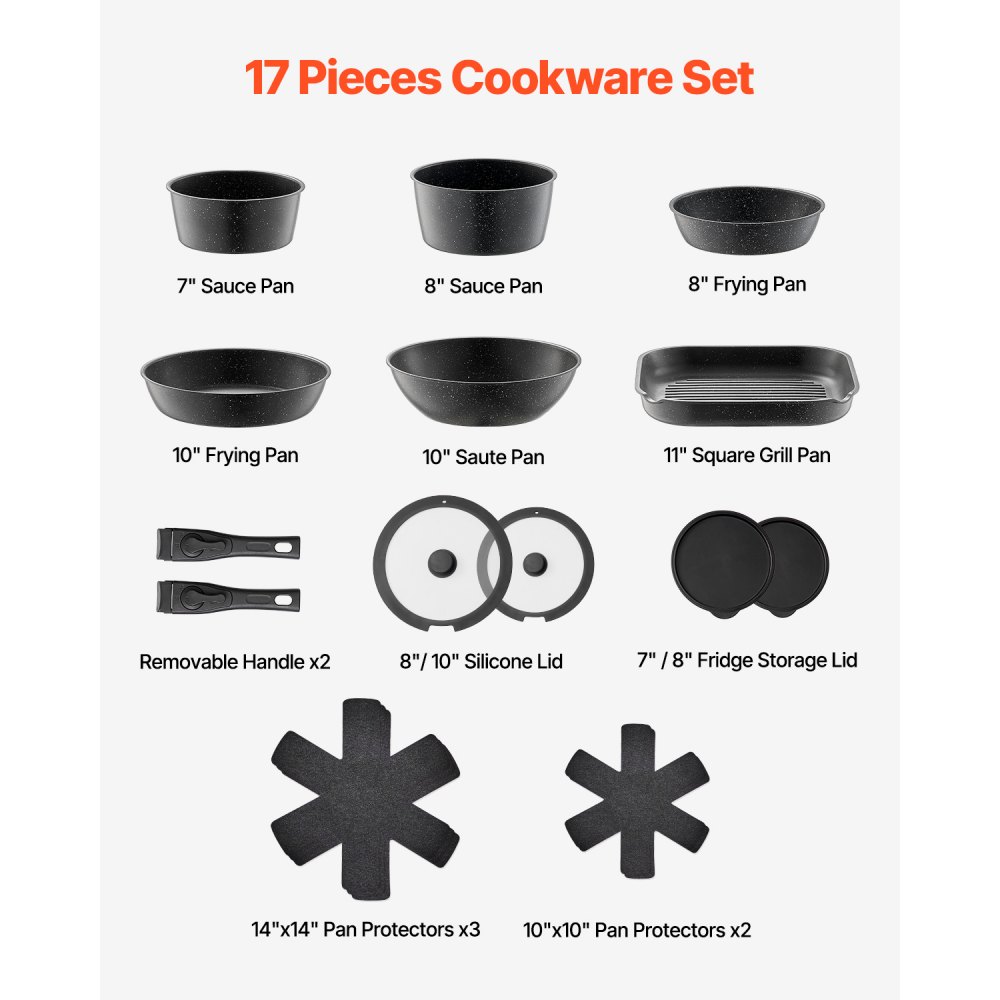 VEVOR Juego de Ollas y Sartenes Antiadherentes de Granito con Mango Desmontable, Utensilios de Cocina de Inducción Compactos, para RV con Freír, Salsas y Saltear, Tapa de Vidrio Templado, Negro