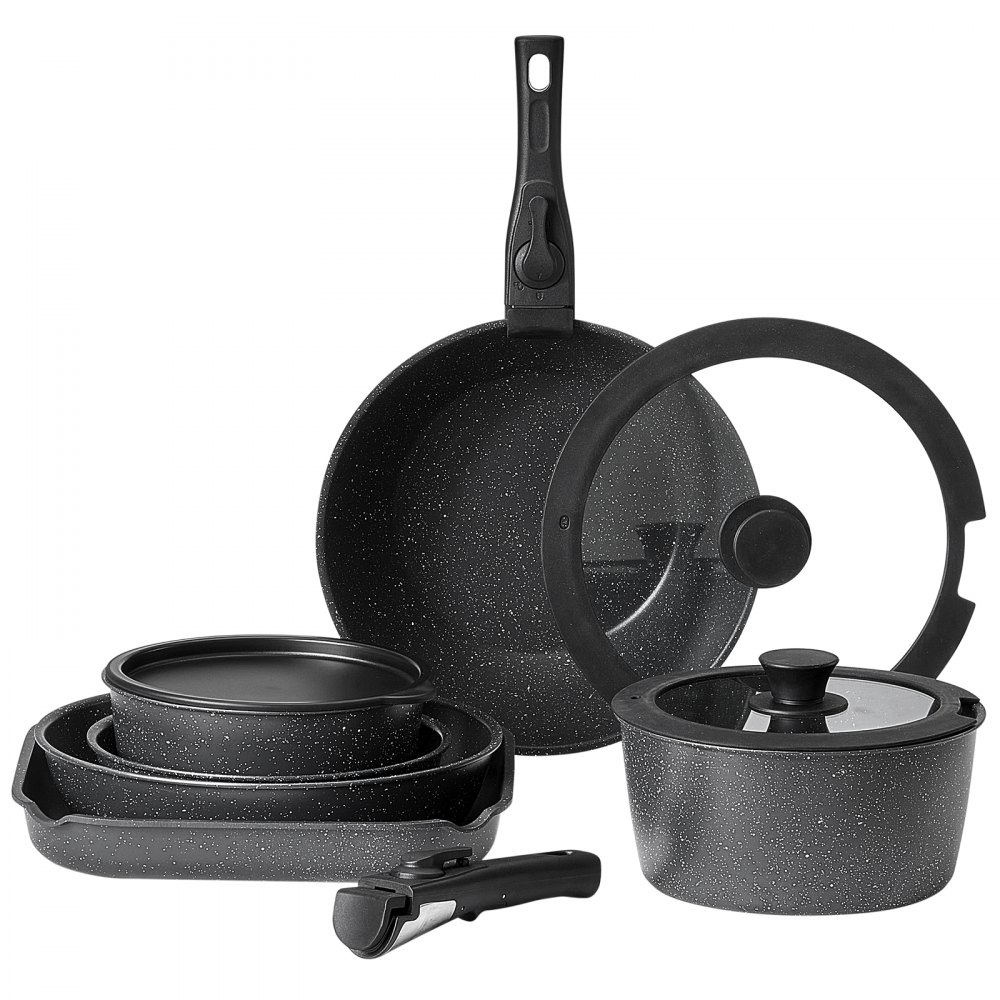 VEVOR Juego de Ollas y Sartenes Antiadherentes de Granito con Mango Desmontable, Utensilios de Cocina de Inducción Compactos, para RV con Freír, Salsas y Saltear, Tapa de Vidrio Templado, Negro