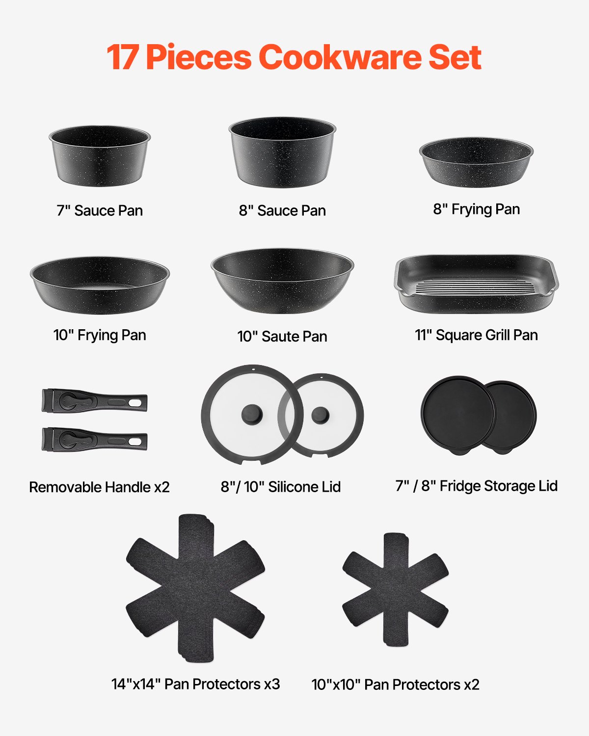 VEVOR Juego de Ollas y Sartenes Antiadherentes de Granito con Mango Desmontable, Utensilios de Cocina de Inducción Compactos, para RV con Freír, Salsas y Saltear, Tapa de Vidrio Templado, Negro