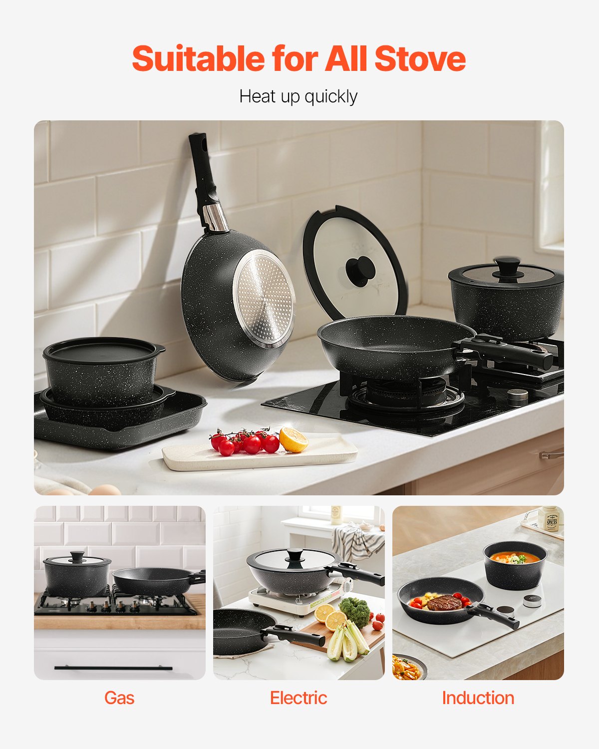 VEVOR Juego de Ollas y Sartenes Antiadherentes de Granito con Mango Desmontable, Utensilios de Cocina de Inducción Compactos, para RV con Freír, Salsas y Saltear, Tapa de Vidrio Templado, Negro