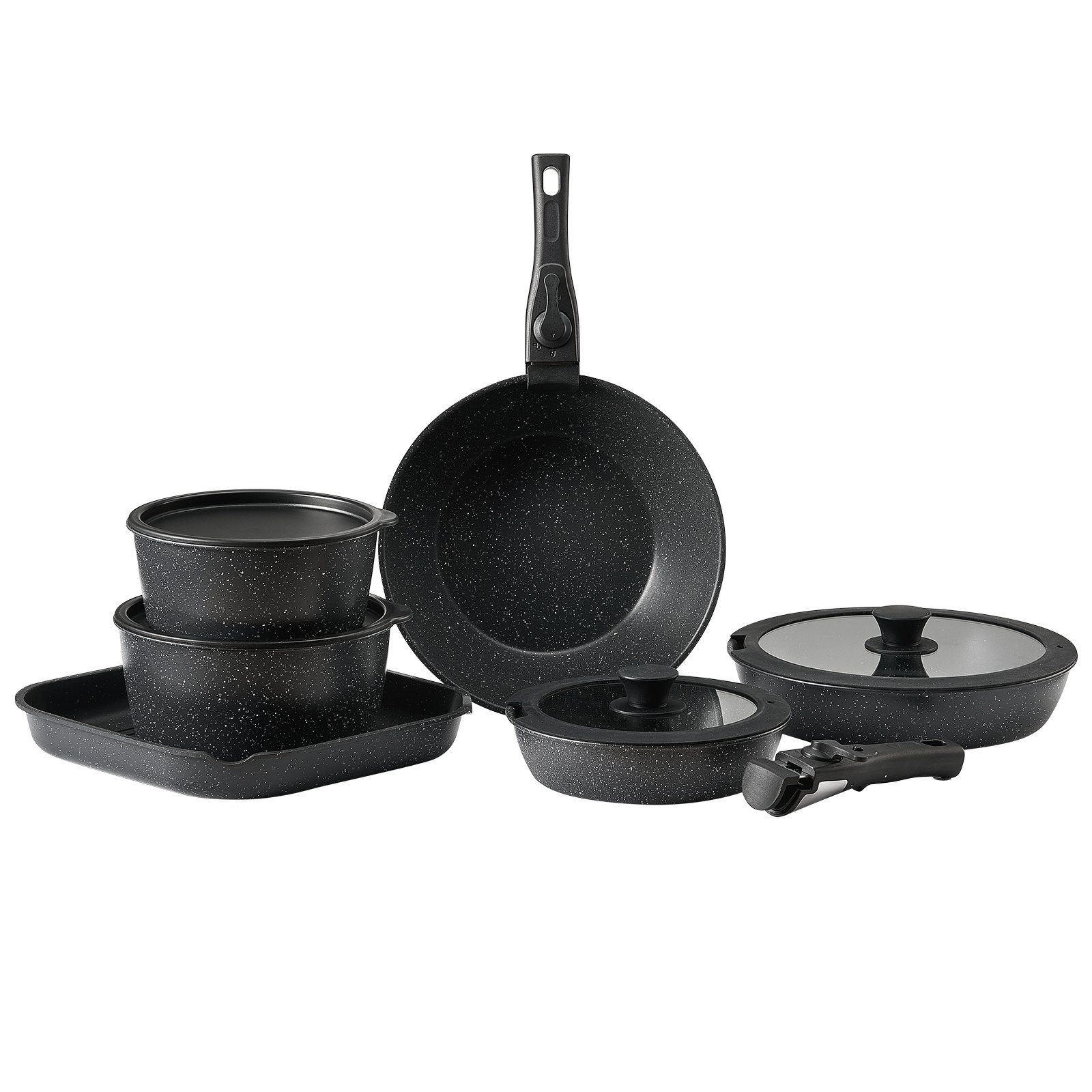 VEVOR Juego de Ollas y Sartenes Antiadherentes de Granito con Mango Desmontable, Utensilios de Cocina de Inducción Compactos, para RV con Freír, Salsas y Saltear, Tapa de Vidrio Templado, Negro