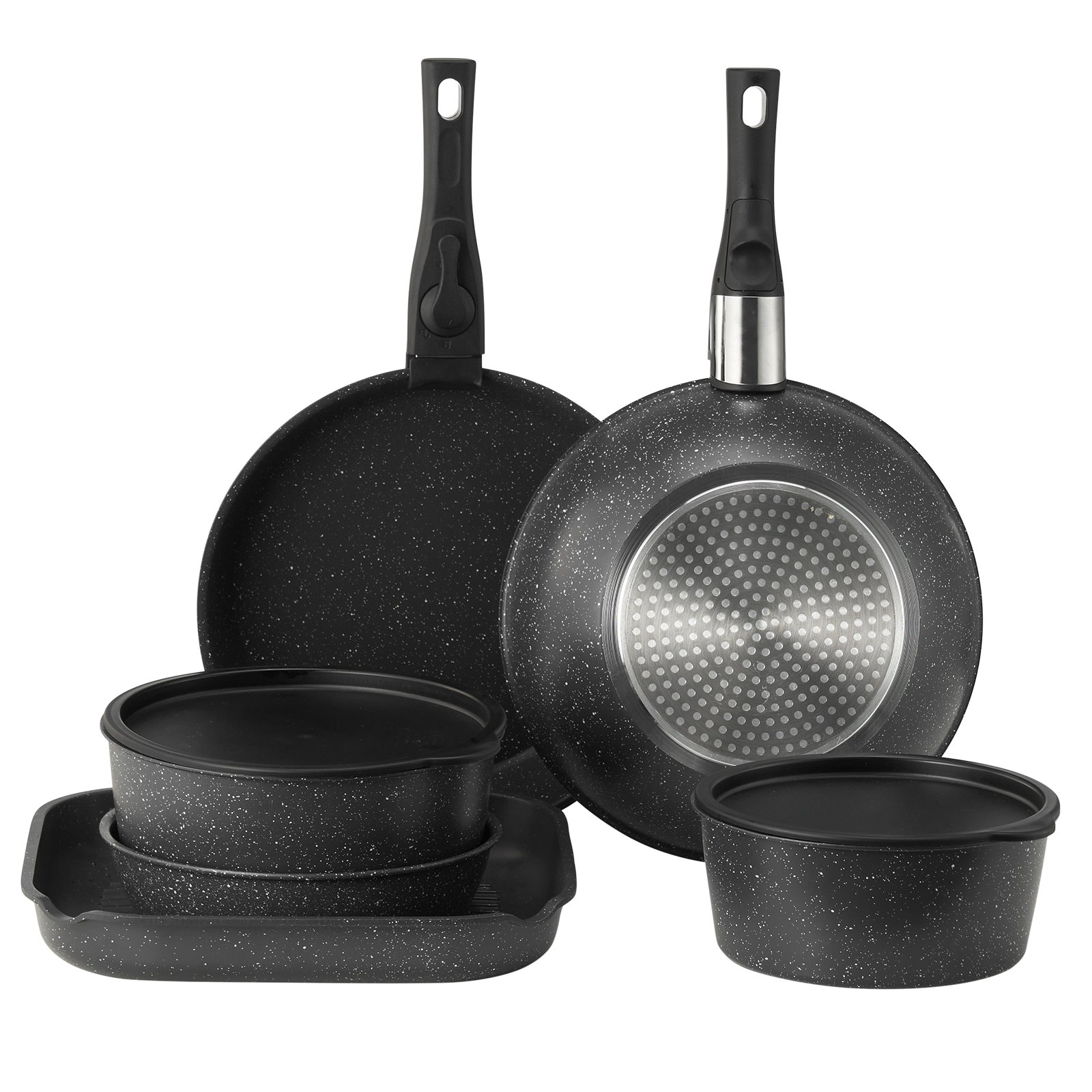 VEVOR Juego de Ollas y Sartenes Antiadherentes de Granito con Mango Desmontable, Utensilios de Cocina de Inducción Compactos, para RV con Freír, Salsas y Saltear, Tapa de Vidrio Templado, Negro