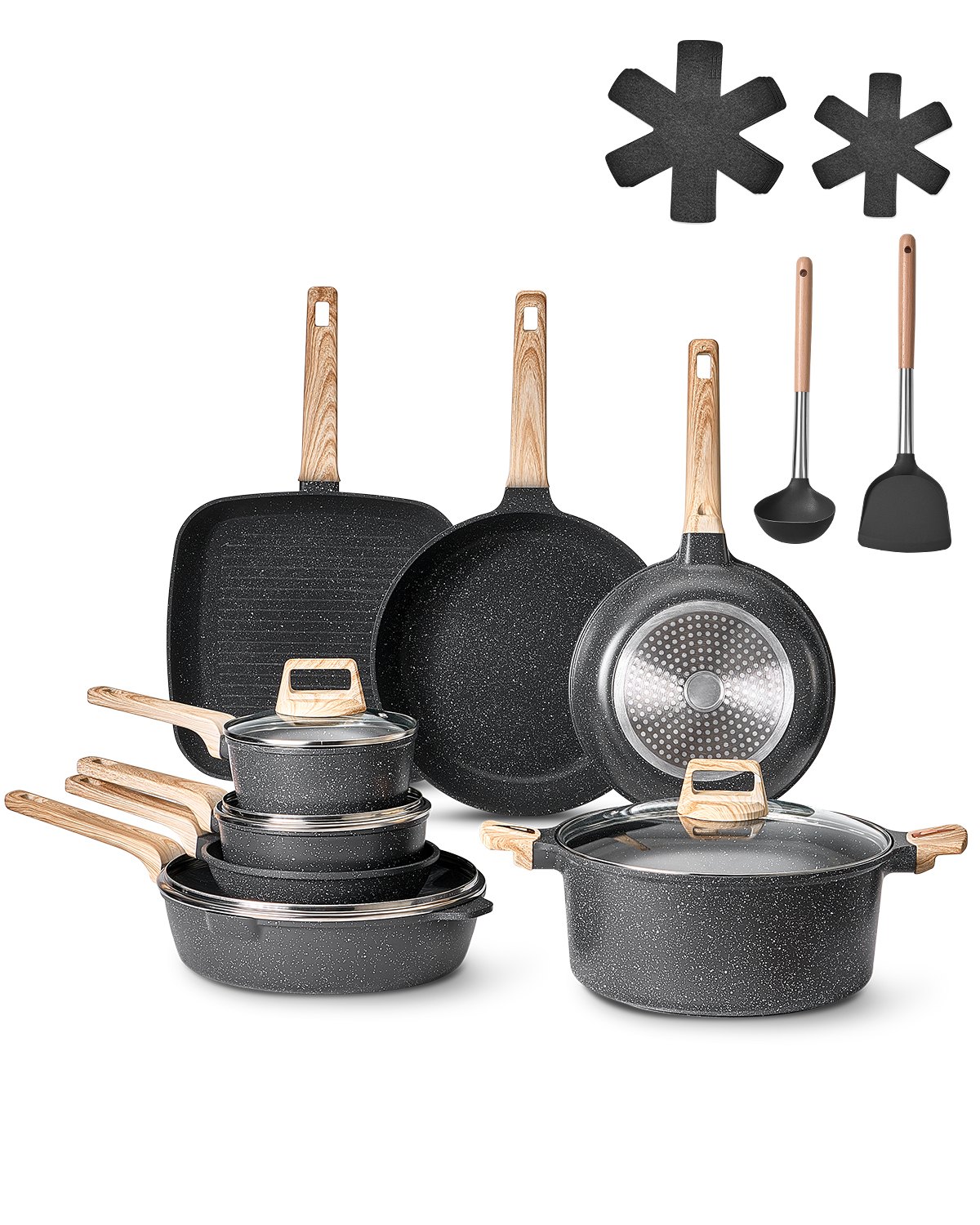 VEVOR Induction Pots and Pans Set (19-piece) with Glass Lids, Non-Stick Cookware, Induction Cookware for Motorhome Kitchens for Frying, Seasoning Sauces and Cooking (Black)