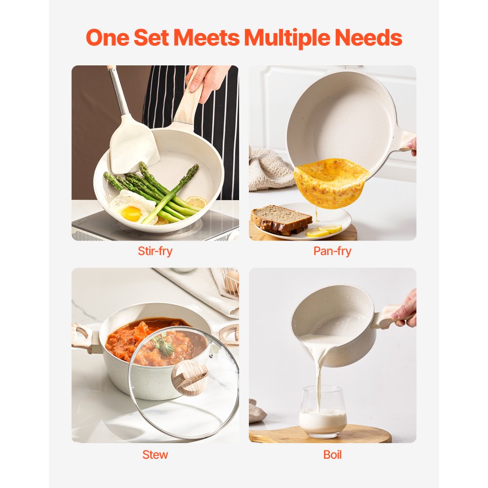 VEVOR Induction Pots and Pans Set (17-piece) with Glass Lids, Non-Stick Cookware, Induction Cookware for Motorhome Kitchens for Frying, Seasoning Sauces and Cooking (White)