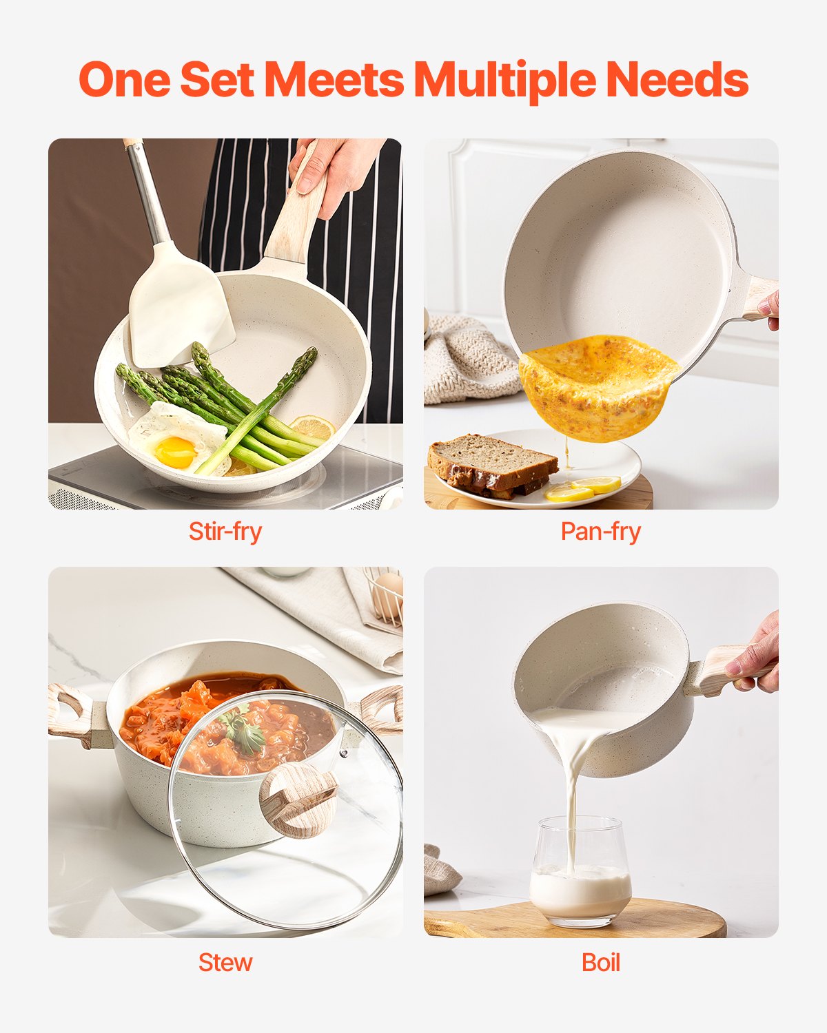 VEVOR Juego de Ollas y Sartenes de 17 Piezas, Antiadherentes de Granito, para Inducción, Apto para Cocina de Autocaravanas, con Tapas de Vidrio Templado y Protectores, Blanco