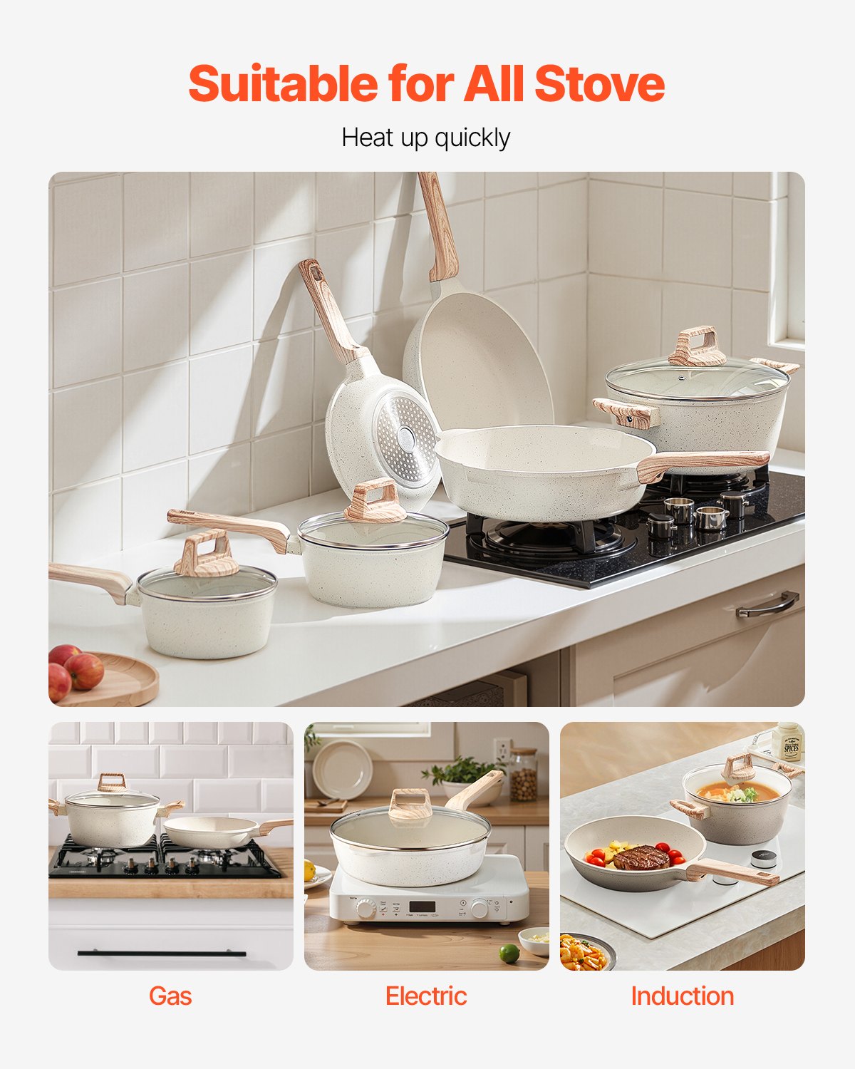 VEVOR Juego de Ollas y Sartenes de 17 Piezas, Antiadherentes de Granito, para Inducción, Apto para Cocina de Autocaravanas, con Tapas de Vidrio Templado y Protectores, Blanco
