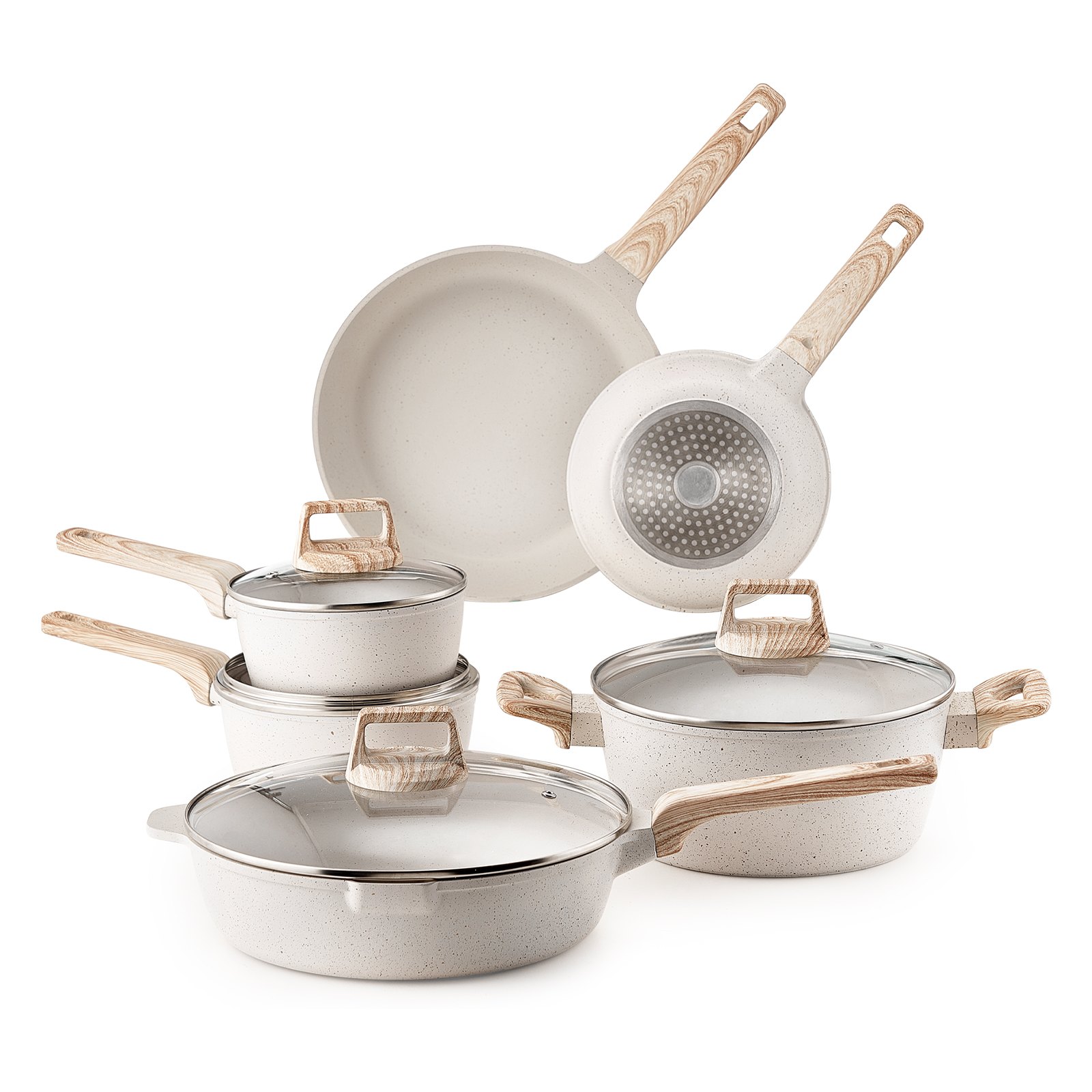 VEVOR Juego de Ollas y Sartenes de 17 Piezas, Antiadherentes de Granito, para Inducción, Apto para Cocina de Autocaravanas, con Tapas de Vidrio Templado y Protectores, Blanco