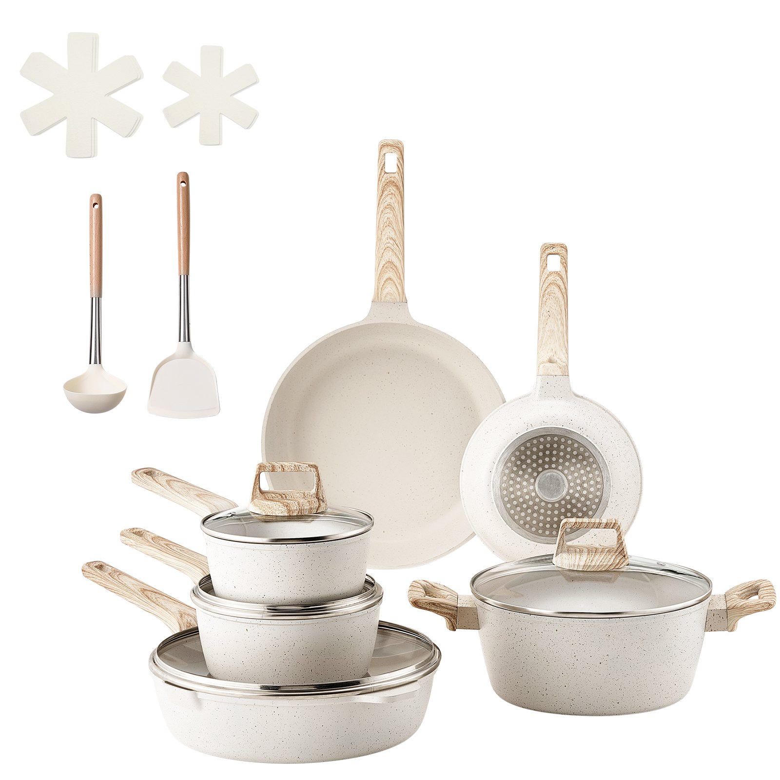 VEVOR Juego de Ollas y Sartenes de 17 Piezas, Antiadherentes de Granito, para Inducción, Apto para Cocina de Autocaravanas, con Tapas de Vidrio Templado y Protectores, Blanco