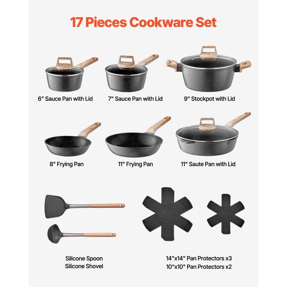 VEVOR Juego de Ollas y Sartenes Antiadherentes 17 Piezas de Granito para Cocina de Inducción, Apto para RV, con Tapas de Vidrio Templado y Protectores para Sartenes, Apto para Estufa, Color Negro