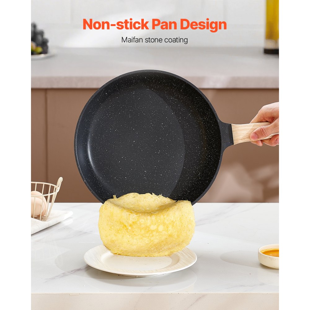 VEVOR Juego de Ollas y Sartenes Antiadherentes 17 Piezas de Granito para Cocina de Inducción, Apto para RV, con Tapas de Vidrio Templado y Protectores para Sartenes, Apto para Estufa, Color Negro
