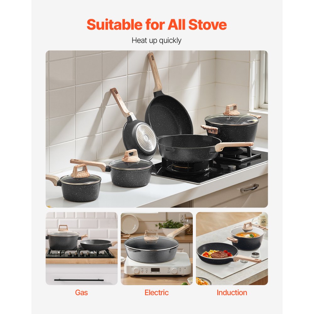 VEVOR Juego de Ollas y Sartenes Antiadherentes 17 Piezas de Granito para Cocina de Inducción, Apto para RV, con Tapas de Vidrio Templado y Protectores para Sartenes, Apto para Estufa, Color Negro