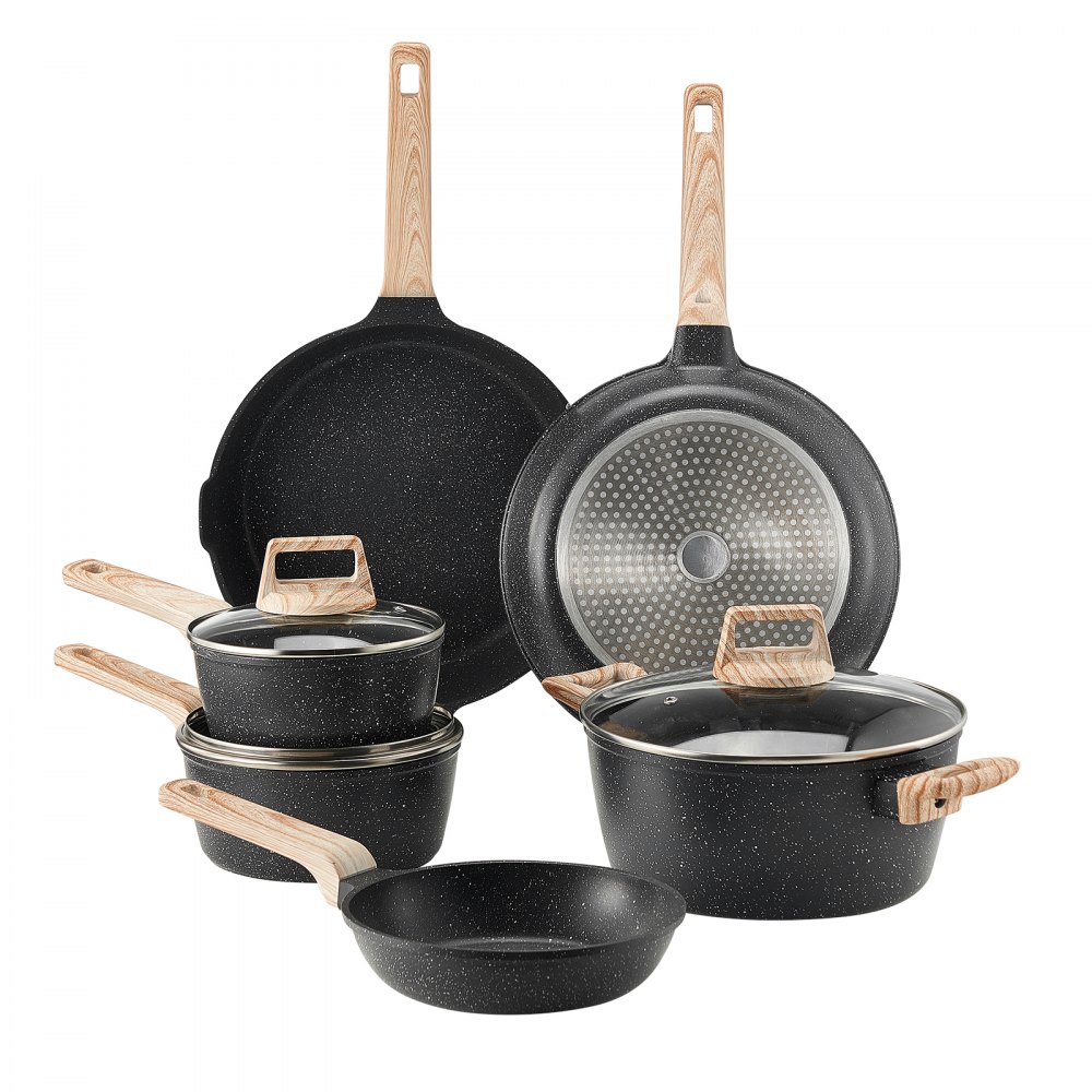 VEVOR Juego de Ollas y Sartenes Antiadherentes 17 Piezas de Granito para Cocina de Inducción, Apto para RV, con Tapas de Vidrio Templado y Protectores para Sartenes, Apto para Estufa, Color Negro