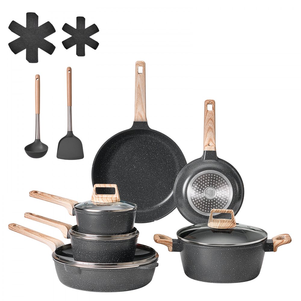 VEVOR Juego de Ollas y Sartenes Antiadherentes 17 Piezas de Granito para Cocina de Inducción, Apto para RV, con Tapas de Vidrio Templado y Protectores para Sartenes, Apto para Estufa, Color Negro