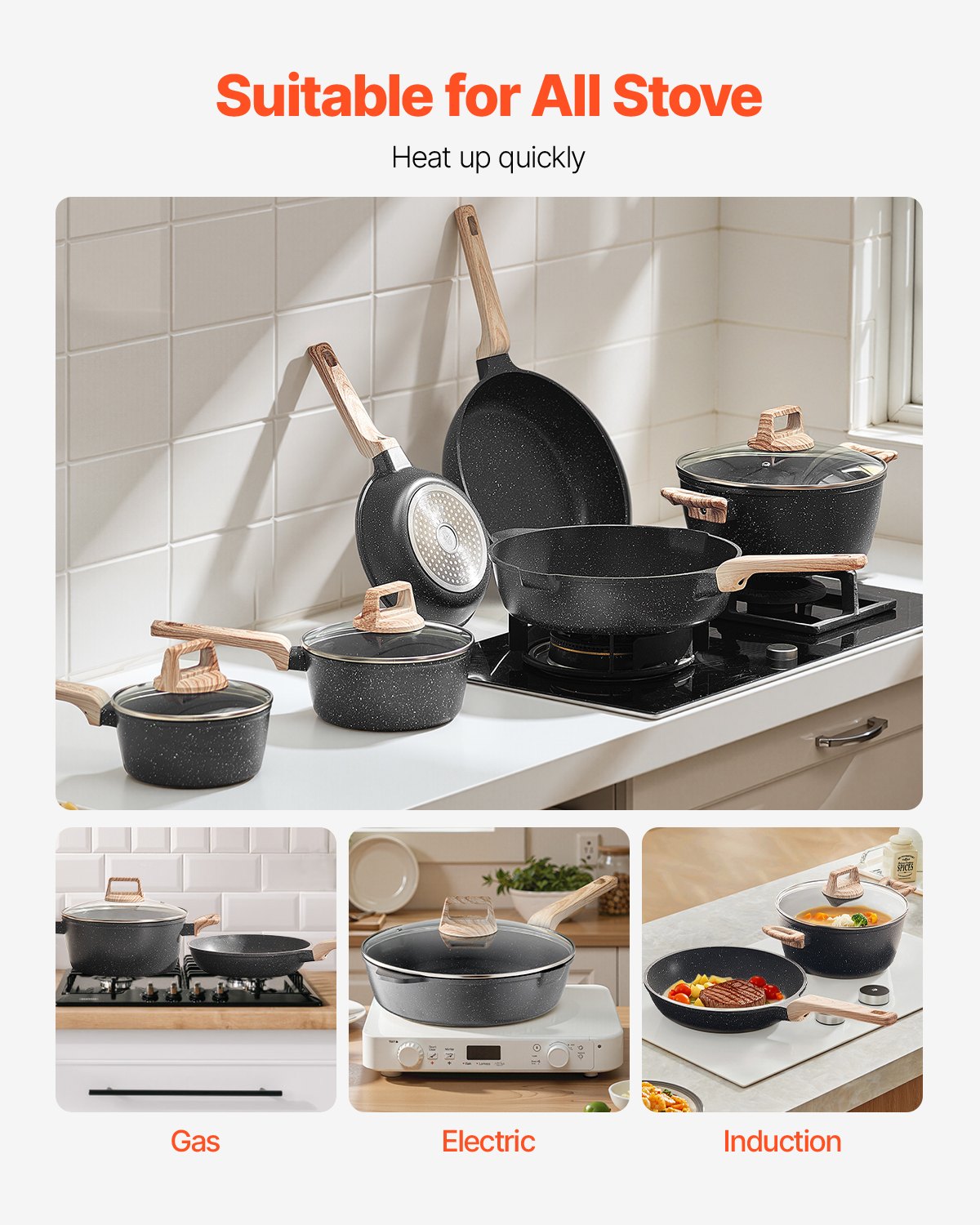 VEVOR Juego de Ollas y Sartenes Antiadherentes 17 Piezas de Granito para Cocina de Inducción, Apto para RV, con Tapas de Vidrio Templado y Protectores para Sartenes, Apto para Estufa, Color Negro