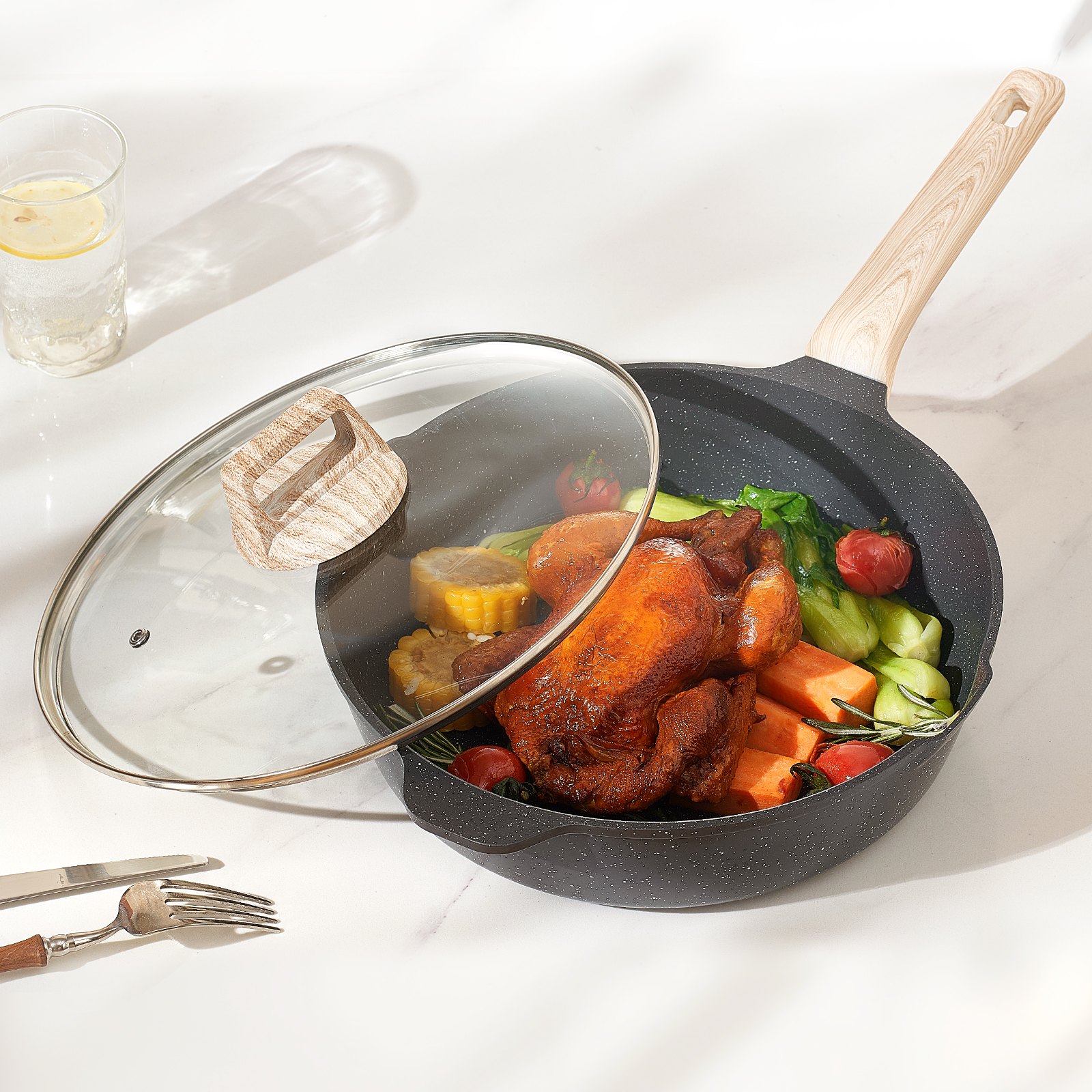 VEVOR Juego de Ollas y Sartenes Antiadherentes 17 Piezas de Granito para Cocina de Inducción, Apto para RV, con Tapas de Vidrio Templado y Protectores para Sartenes, Apto para Estufa, Color Negro