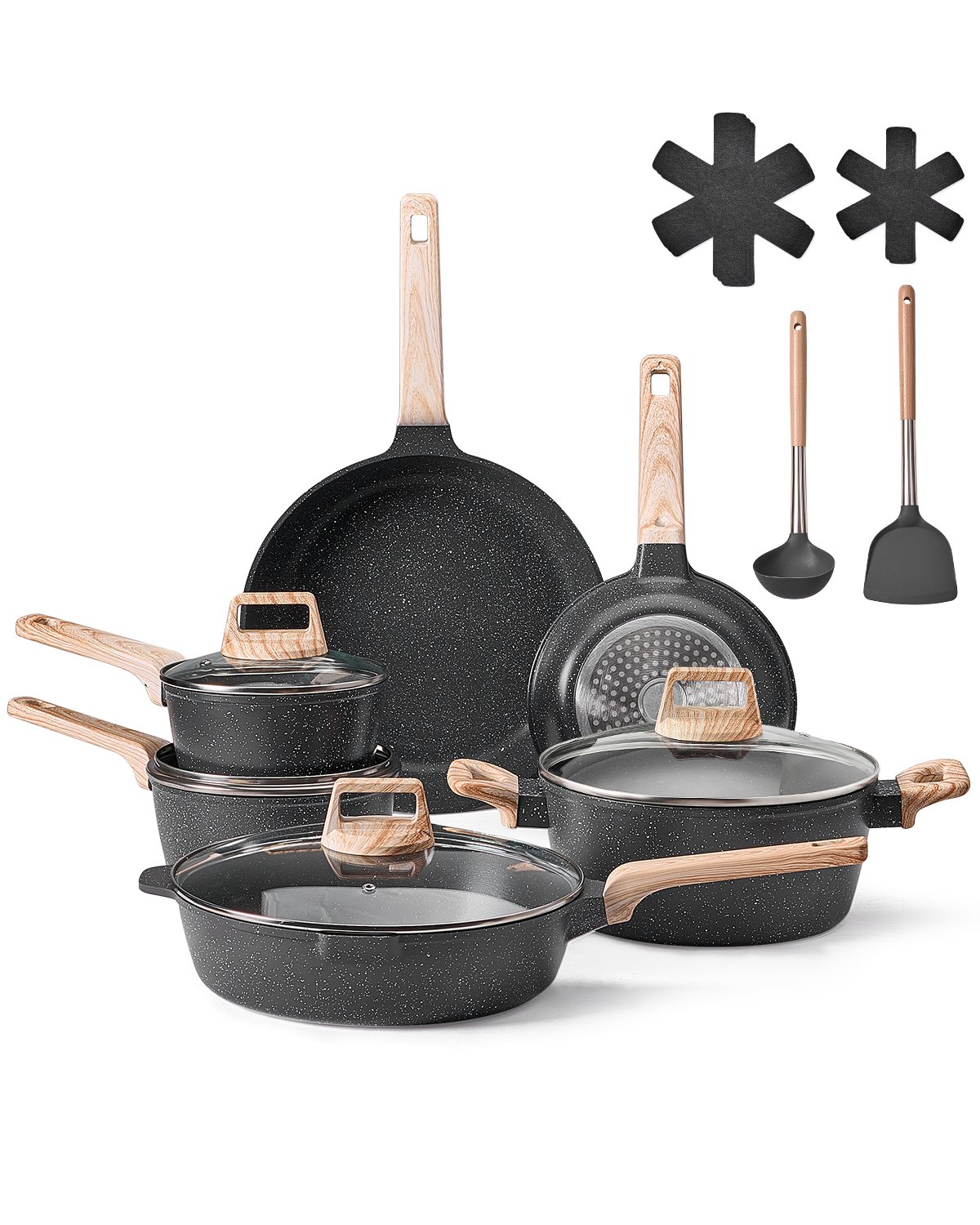 VEVOR Juego de Ollas y Sartenes Antiadherentes 17 Piezas de Granito para Cocina de Inducción, Apto para RV, con Tapas de Vidrio Templado y Protectores para Sartenes, Apto para Estufa, Color Negro