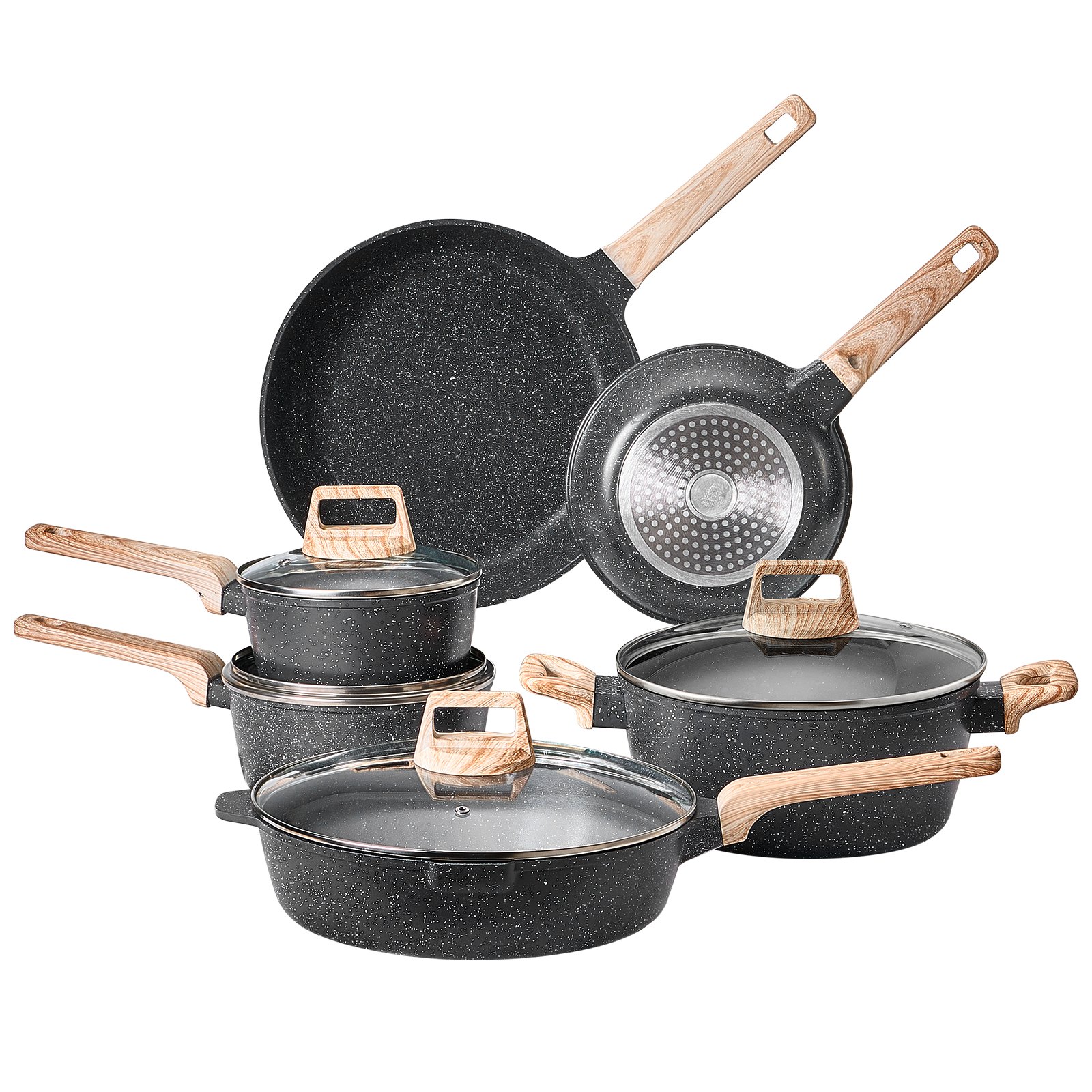 VEVOR Juego de Ollas y Sartenes Antiadherentes 17 Piezas de Granito para Cocina de Inducción, Apto para RV, con Tapas de Vidrio Templado y Protectores para Sartenes, Apto para Estufa, Color Negro