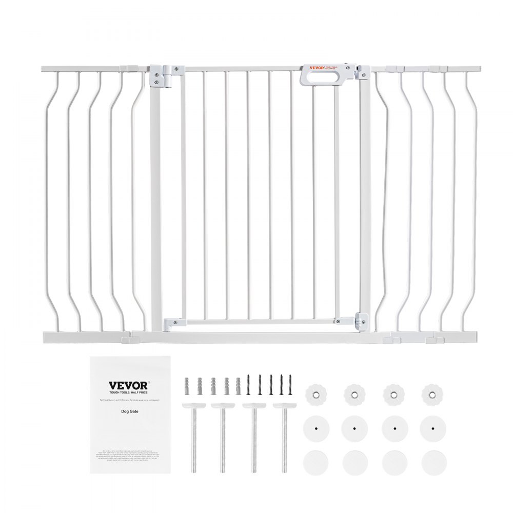 Puerta para bebés VEVOR con herrajes de montaje y manual de instrucciones. Puerta blanca con barras verticales.