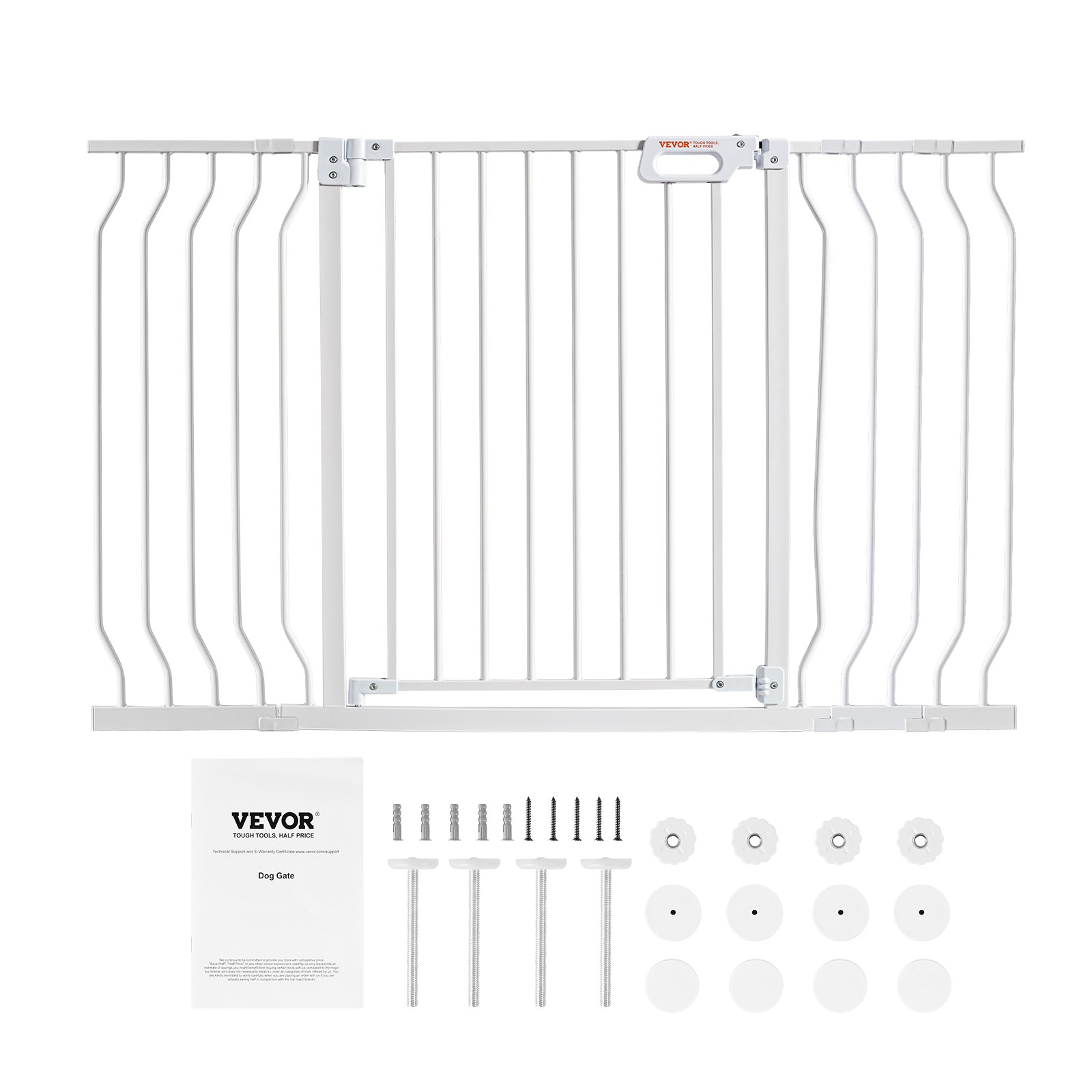 Puerta para bebés VEVOR con herrajes de montaje y manual de instrucciones. Puerta blanca con barras verticales.