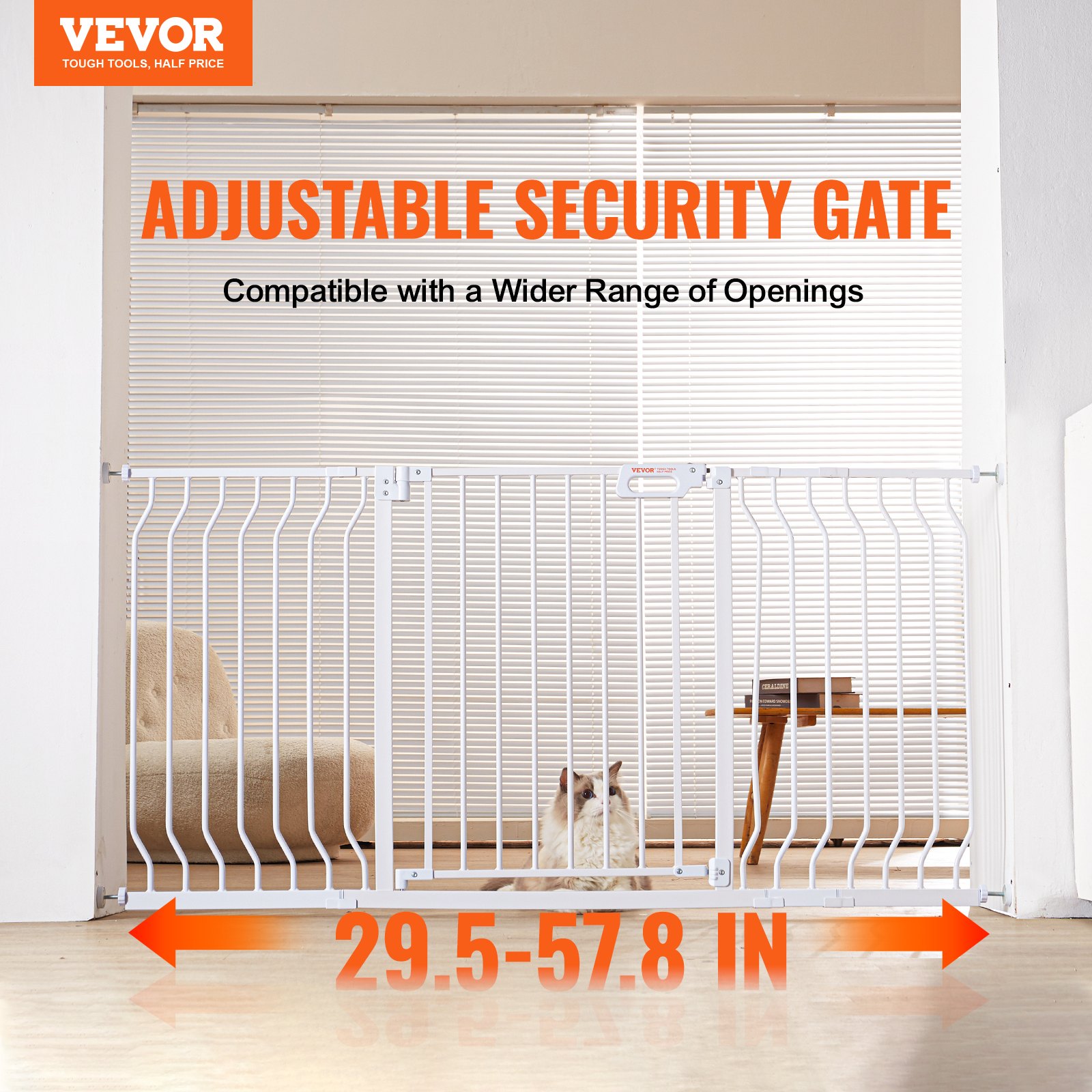Puerta de seguridad ajustable para bebés VEVOR en color blanco, con una longitud de 29,5 a 57,8 pulgadas y un gato detrás.
