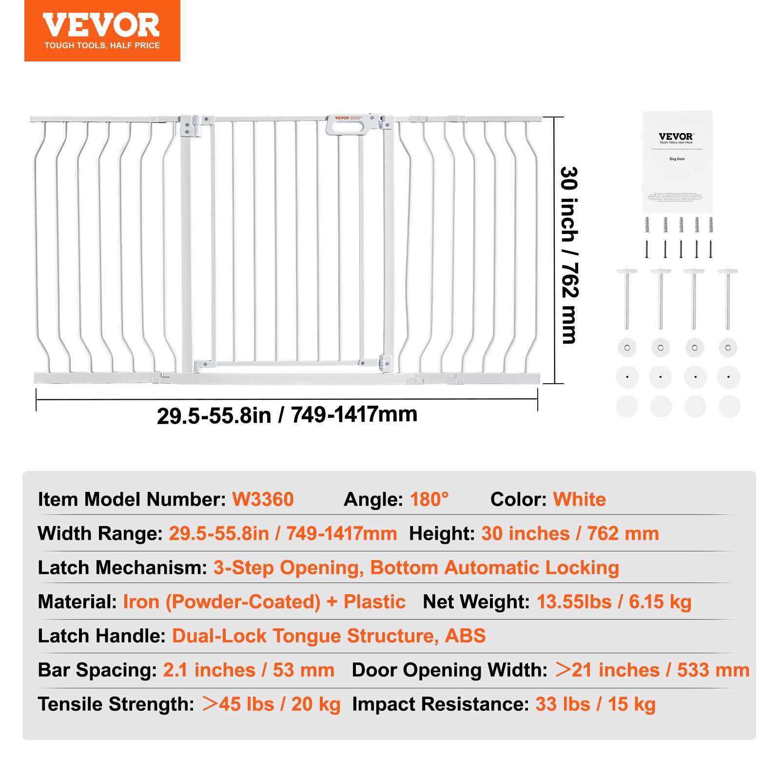 VEVOR Barrera de Seguridad Extensible Ancho de 74,9-141,7 cm Altura de 76,2 cm Cierre Automático Puerta de Escalera sin Taladrar Ancho de Apertura de 533 mm a 180° Valla para Niños para Interior