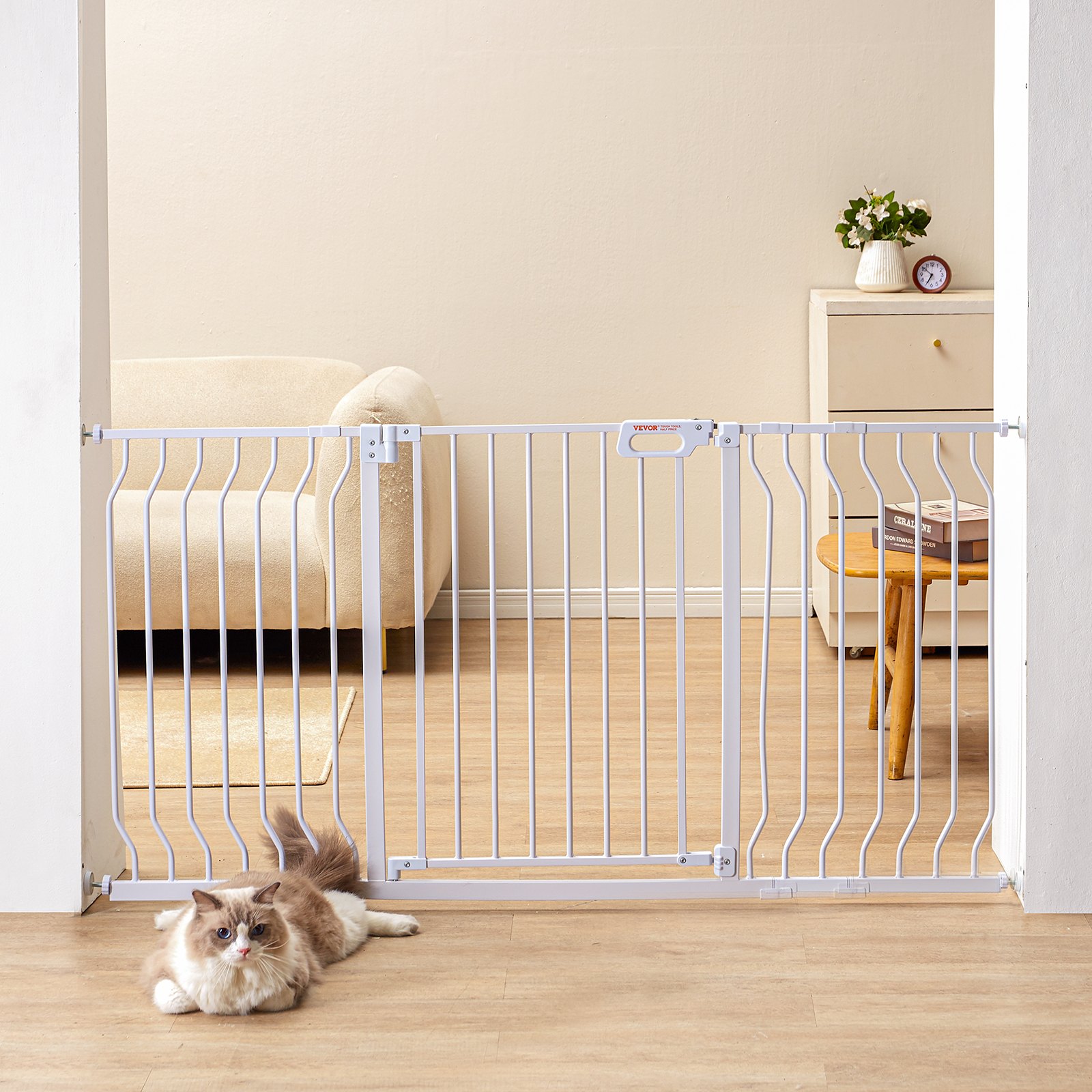 VEVOR Barrera de Seguridad Extensible Ancho de 74,9-141,7 cm Altura de 76,2 cm Cierre Automático Puerta de Escalera sin Taladrar Ancho de Apertura de 533 mm a 180° Valla para Niños para Interior